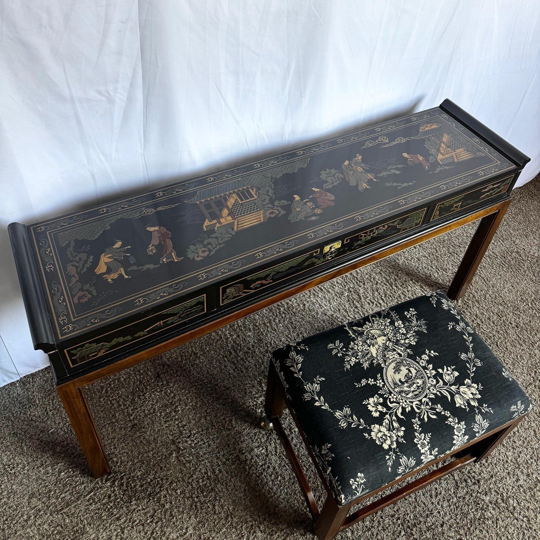 Chinoiserie Hand Painted Console Table/Desk With Low Stool by Drexel For Sale 1