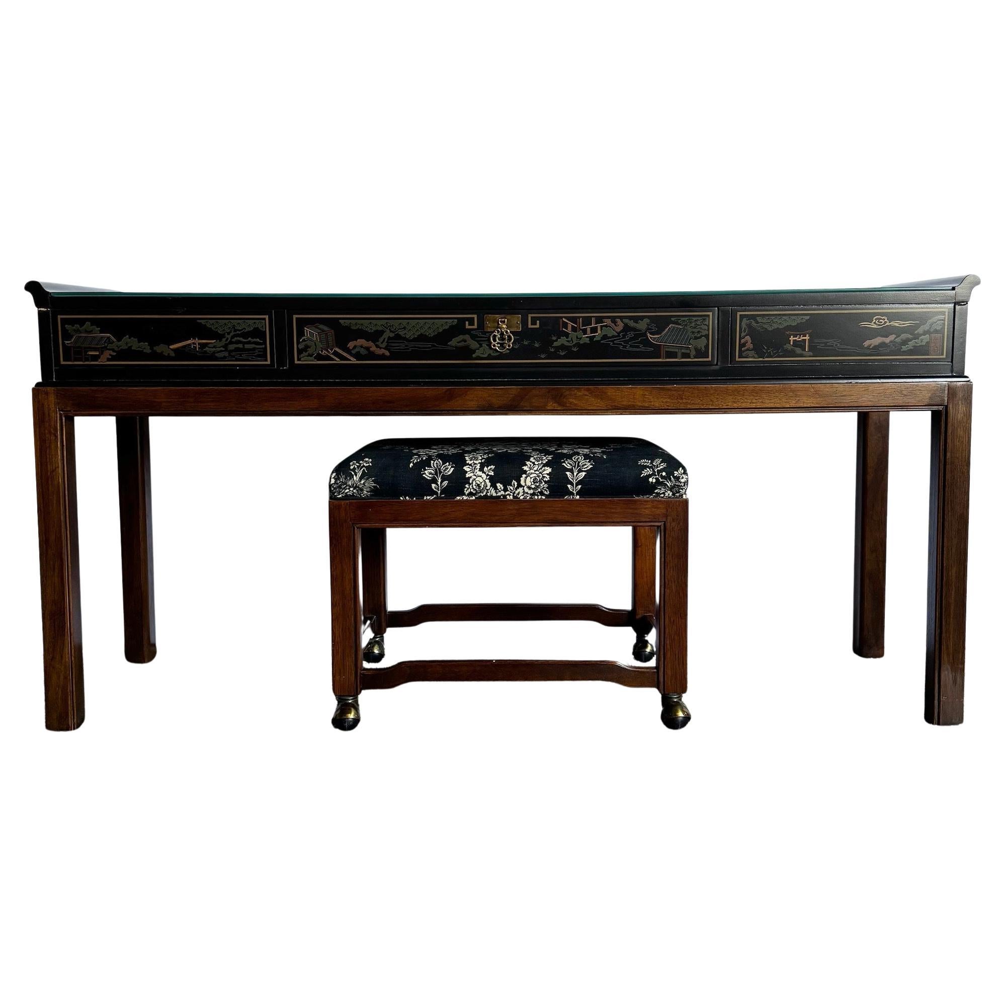 Chinoiserie Hand Painted Console Table/Desk With Low Stool by Drexel For Sale