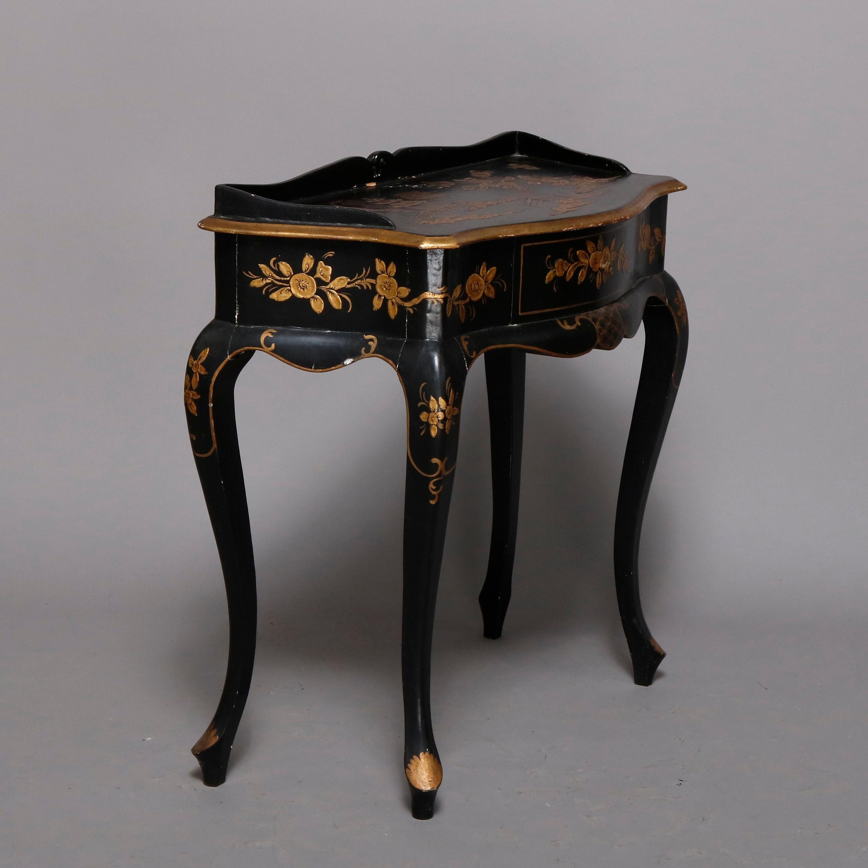 Chinoiserie oriental console hall table offers serpentine form with single drawer and backsplash, ebonized finish having hand painted and gilt decoration including top garden scene with pagoda and floral spray throughout, raised on cabriole legs