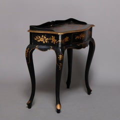 Chinoiserie Hand Painted and Gilt Pictorial Ebonized Single Drawer Console Table