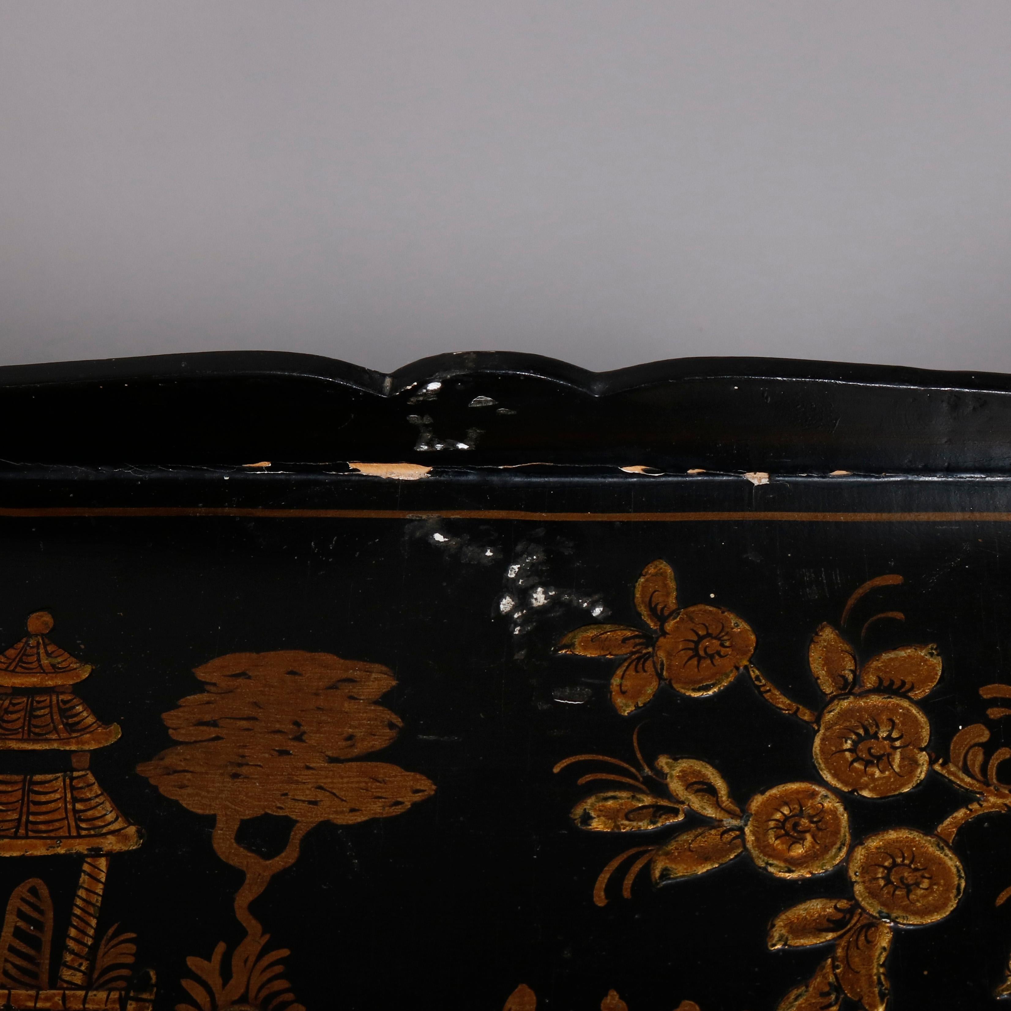 20th Century Chinoiserie Hand Painted and Gilt Pictorial Ebonized Single Drawer Console Table