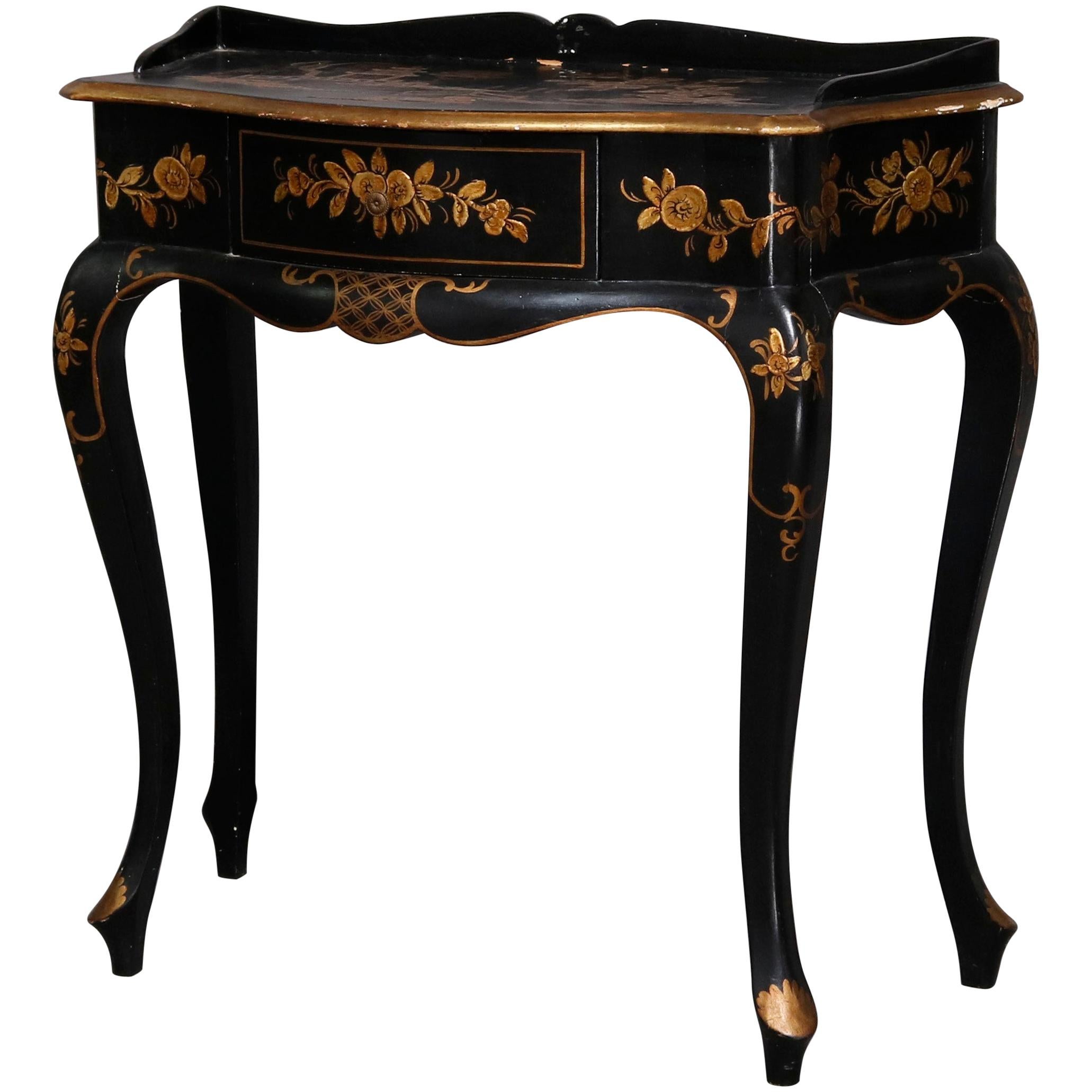 Chinoiserie Hand Painted and Gilt Pictorial Ebonized Single Drawer Console Table