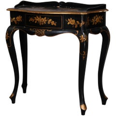 Chinoiserie Hand Painted and Gilt Pictorial Ebonized Single Drawer Console Table