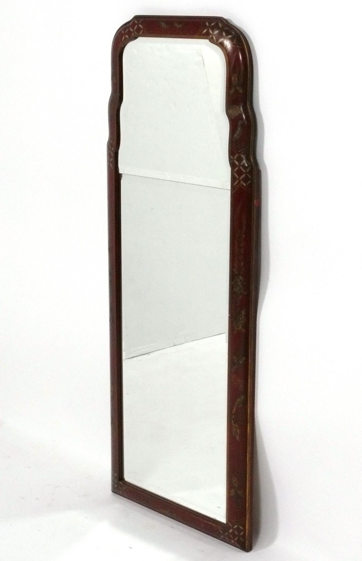 Américain Chinoiserie Miroir peint à la main Couleur rouge profond 48