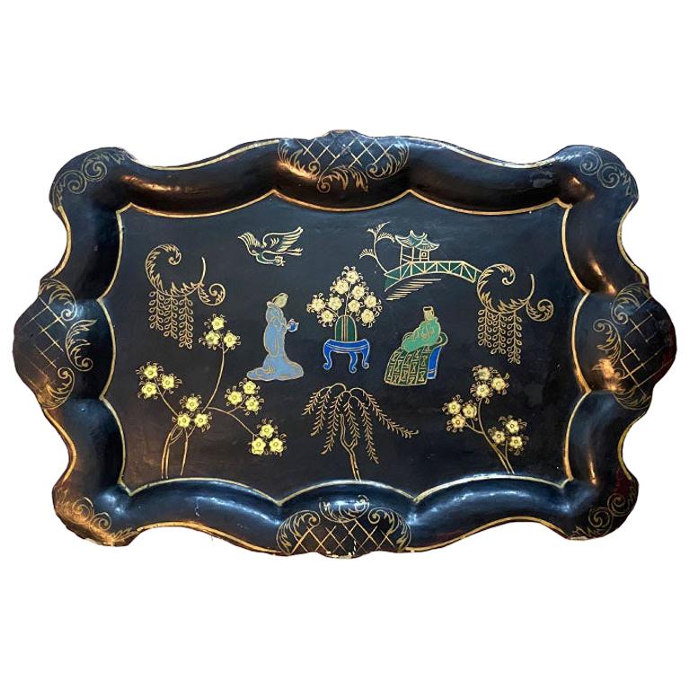 Chinoiserie Hand Painted Papier Mâché Japanned Florentine Drink Serving Tray