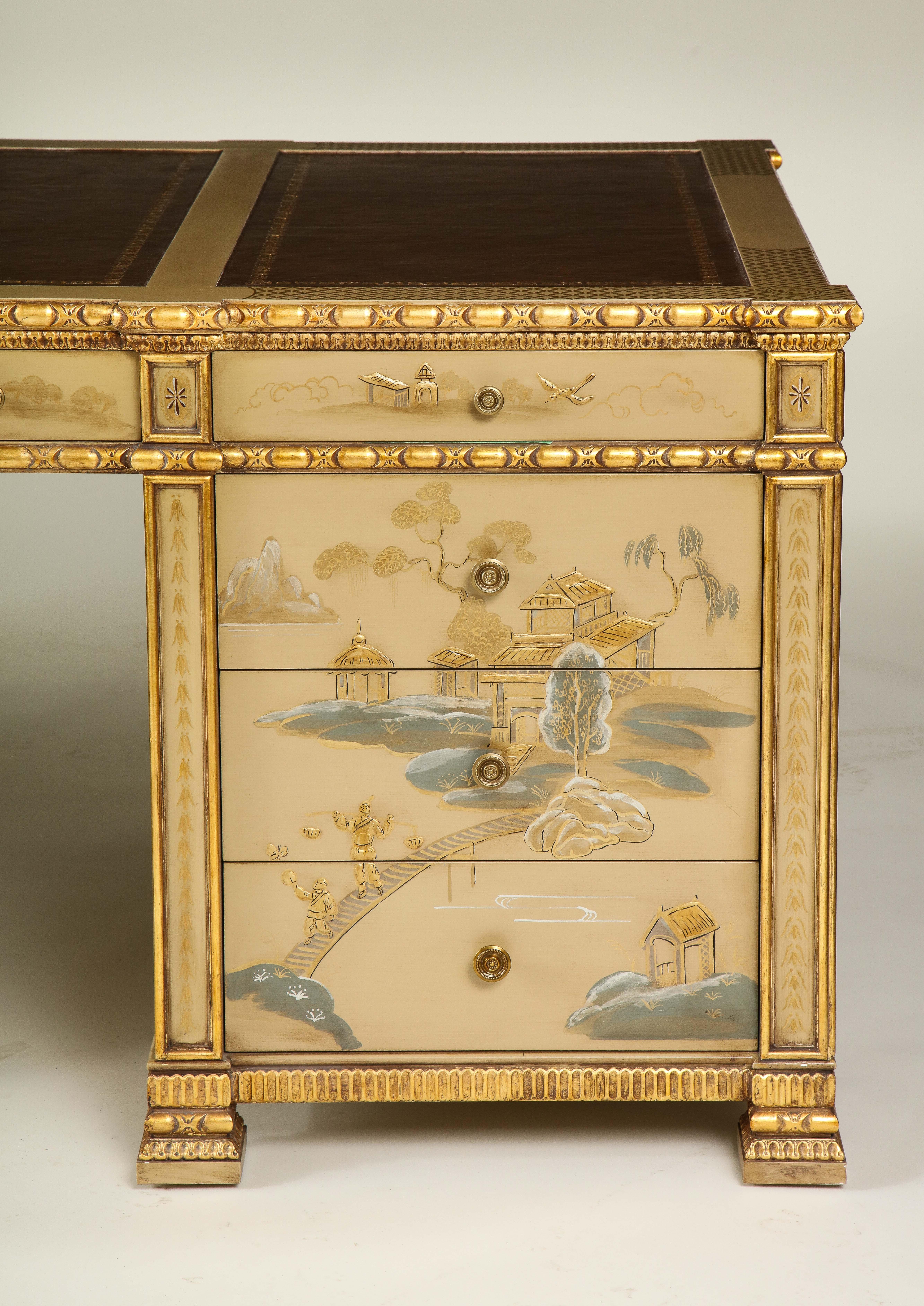 Chinoiserie Hand-Painted Parcel Gilt Partners Pedestal Desk In Good Condition In New York, NY
