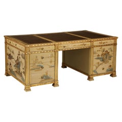 Chinoiserie Hand-Painted Parcel Gilt Partners Pedestal Desk