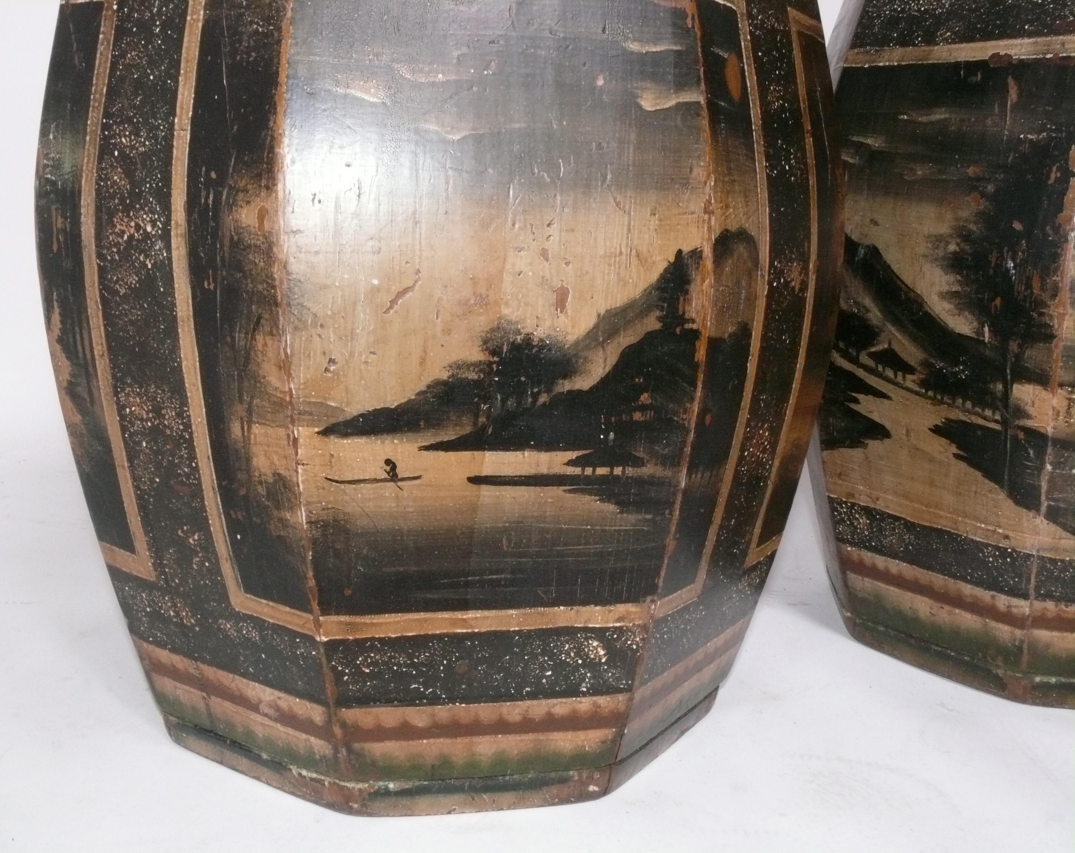 Chinoiseries Tabourets peints à la main Chinoiserie Asian Style circa 1940s Tabourets de jardin en vente