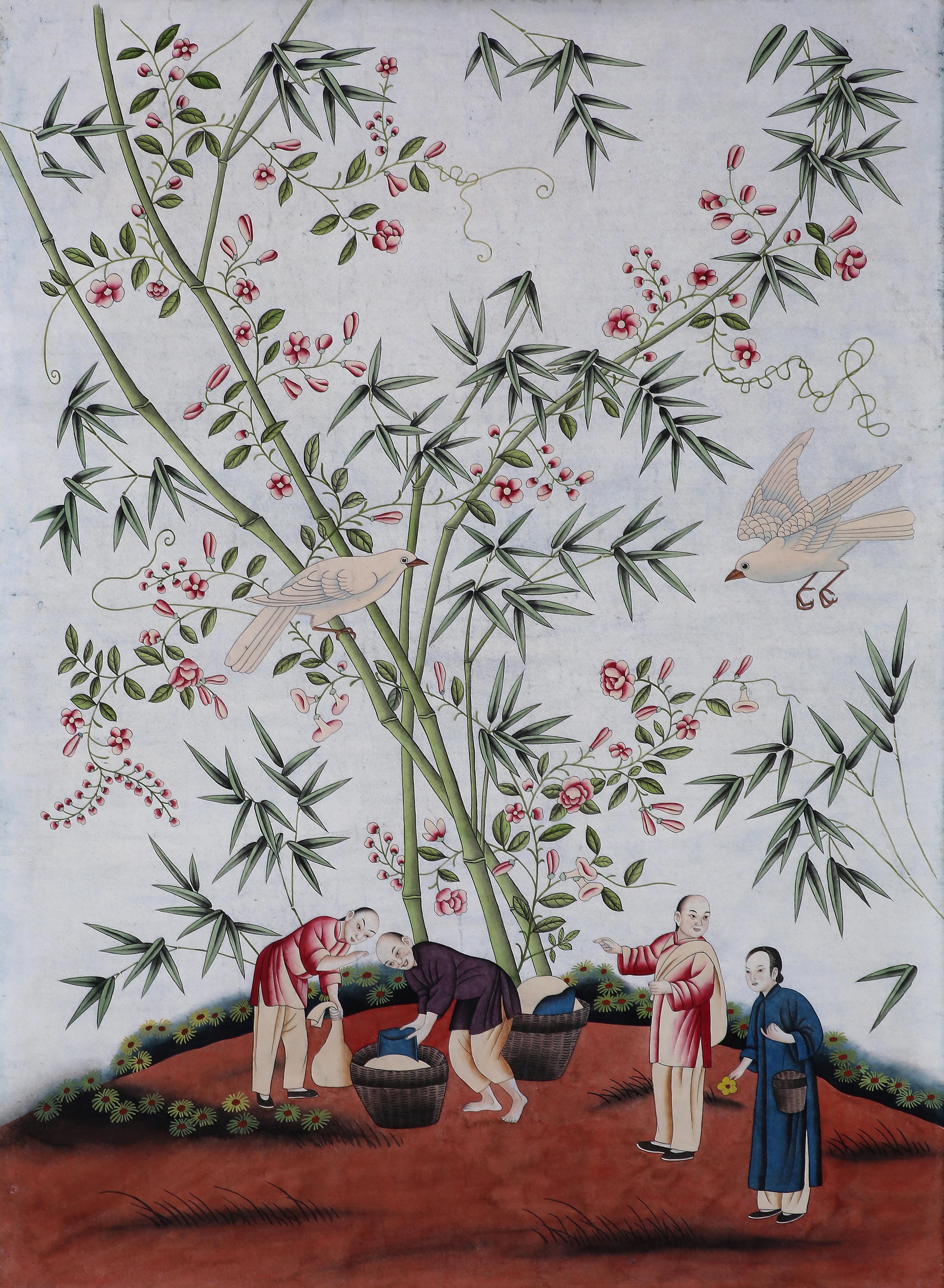The fine pair of wallpaper panels hand painted in watercolor on rice paper, reproducing the 19th century Chinese export chinoiserie paintings of bamboo grove on export wallpaper, from our studio. An antiquing process is applied to the paintings for