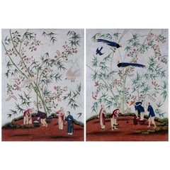Chinoiserie Hand Painted Wallpaper Panels of Bamboo Grove