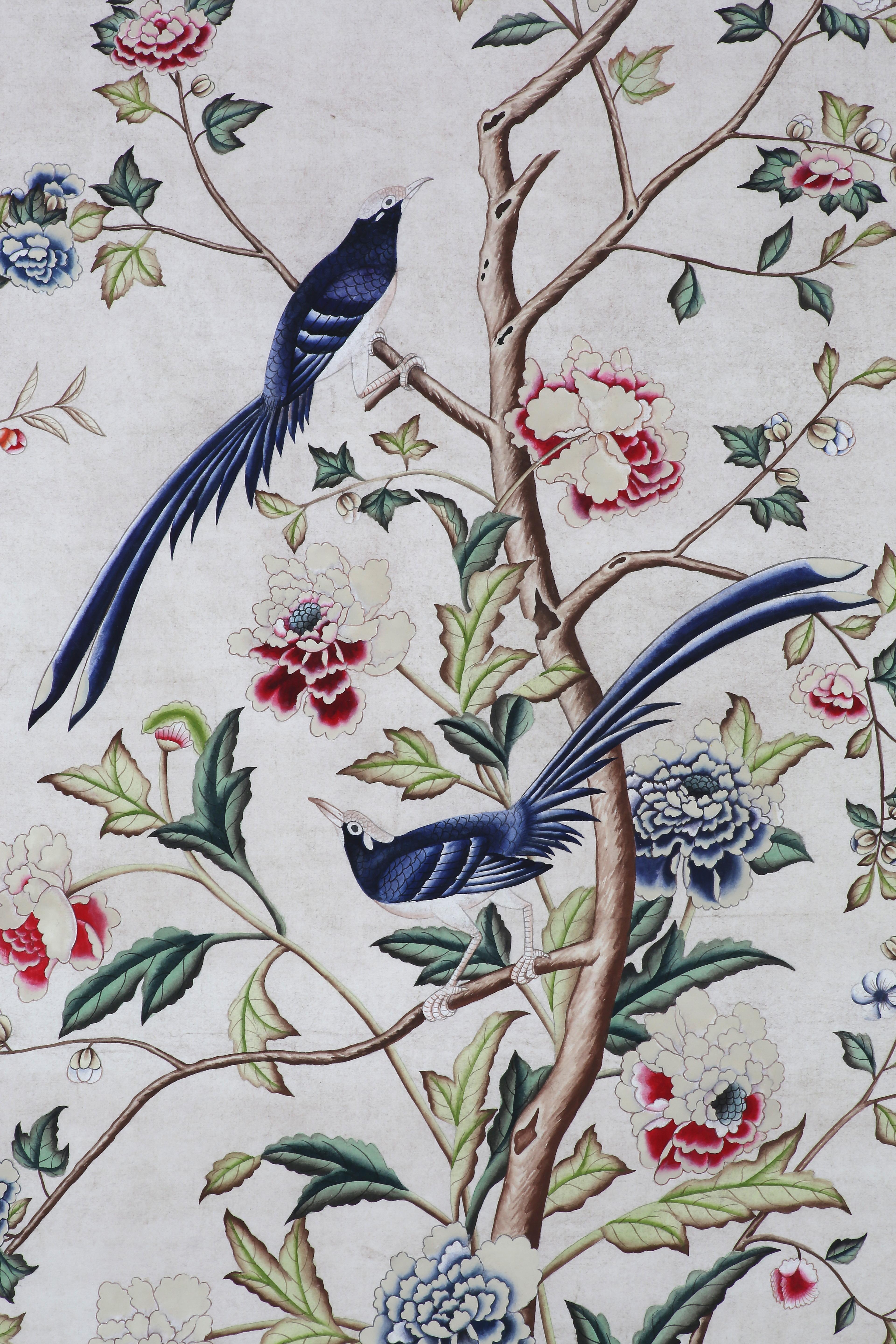 Contemporary Chinoiserie Hand Painted Wallpaper Panels of Birds and Blossoms