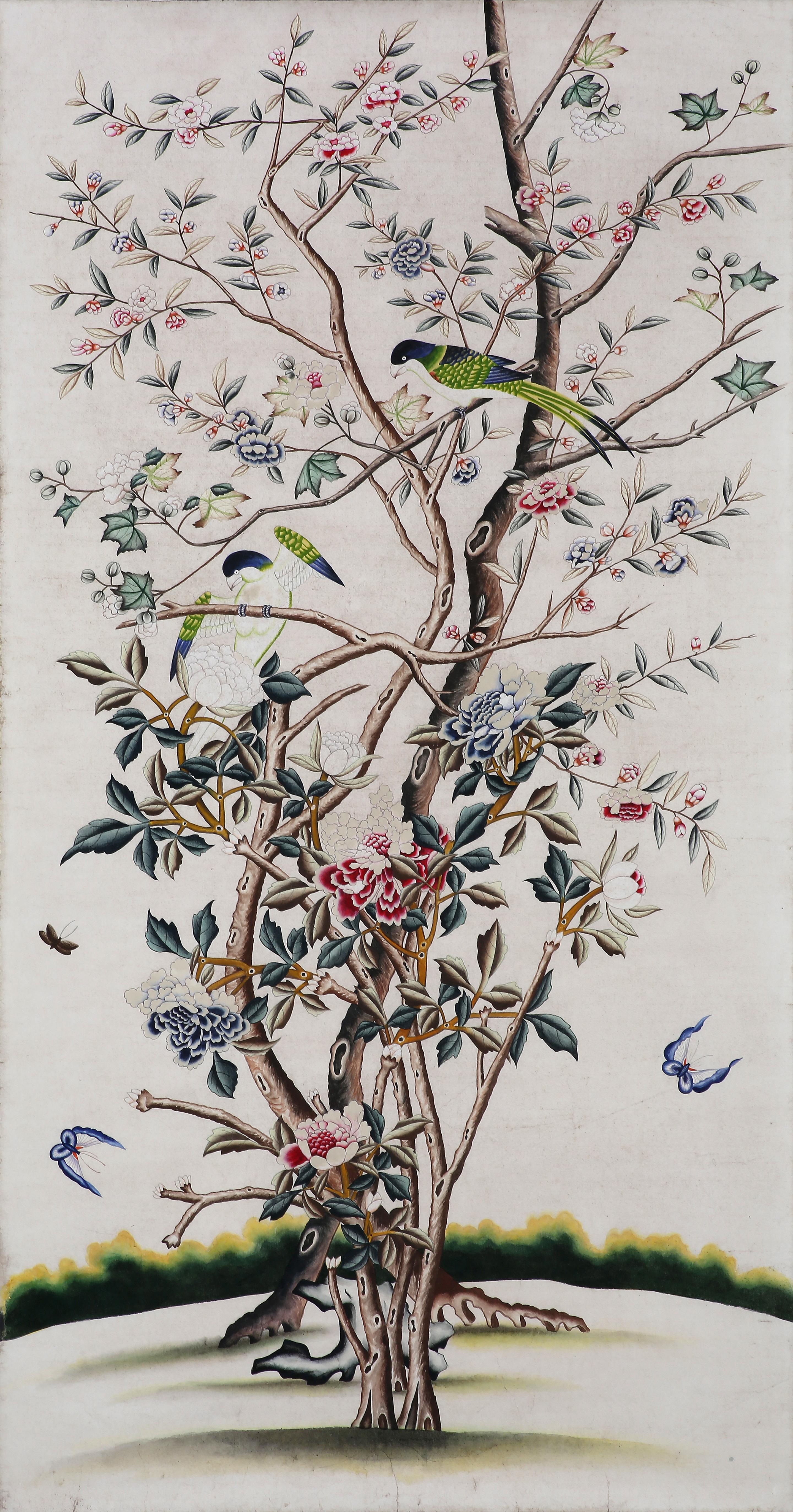 The fine pair of wallpaper panels hand painted in watercolor on rice paper, reproducing the 19th-century Chinese export Chinoiserie painting of floral and bird motif on export wallpaper, from our studio. An antiquing process is applied to the panels