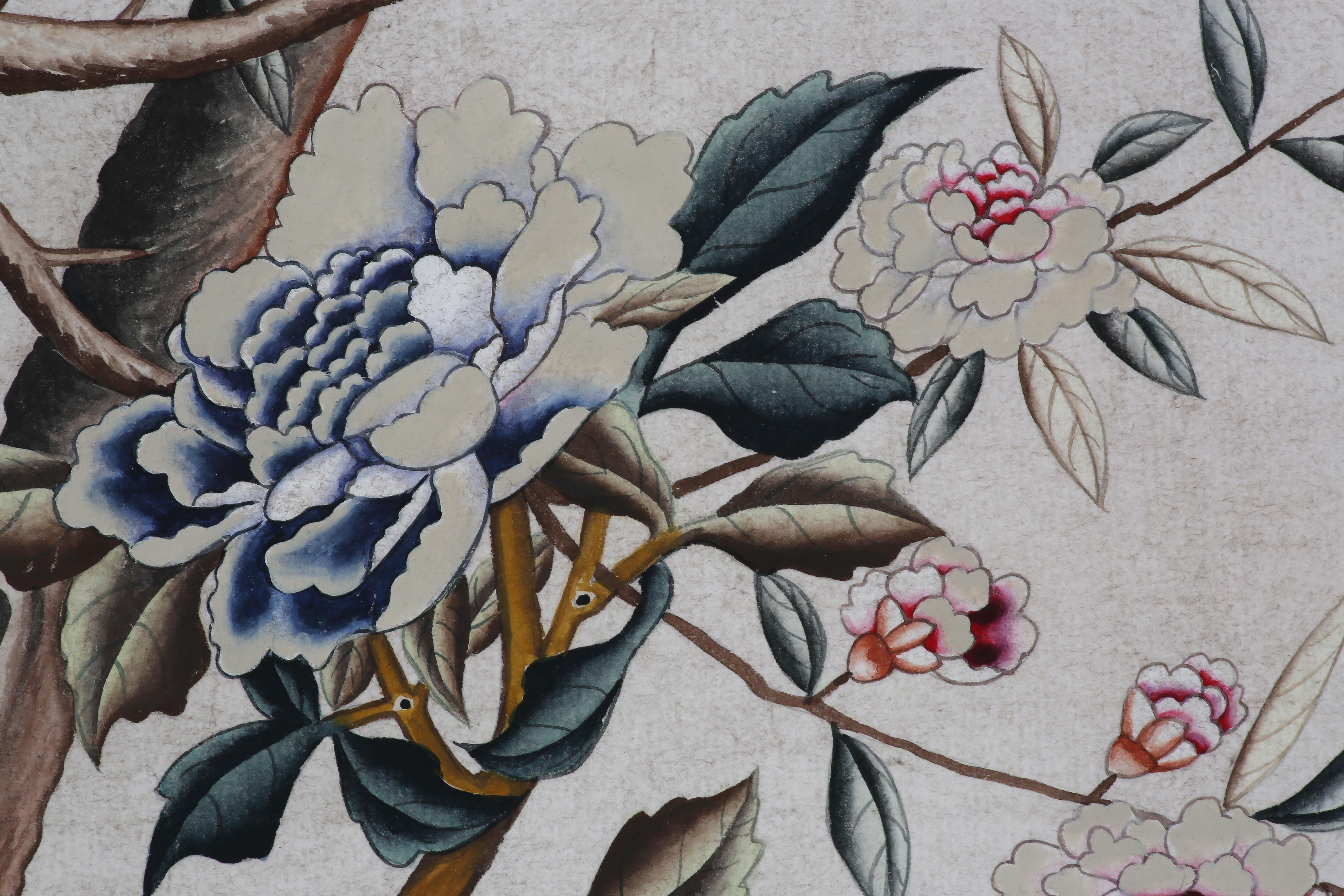 Hand-Painted Chinoiserie Hand Painted Wallpaper Panels of Birds and Blossoms