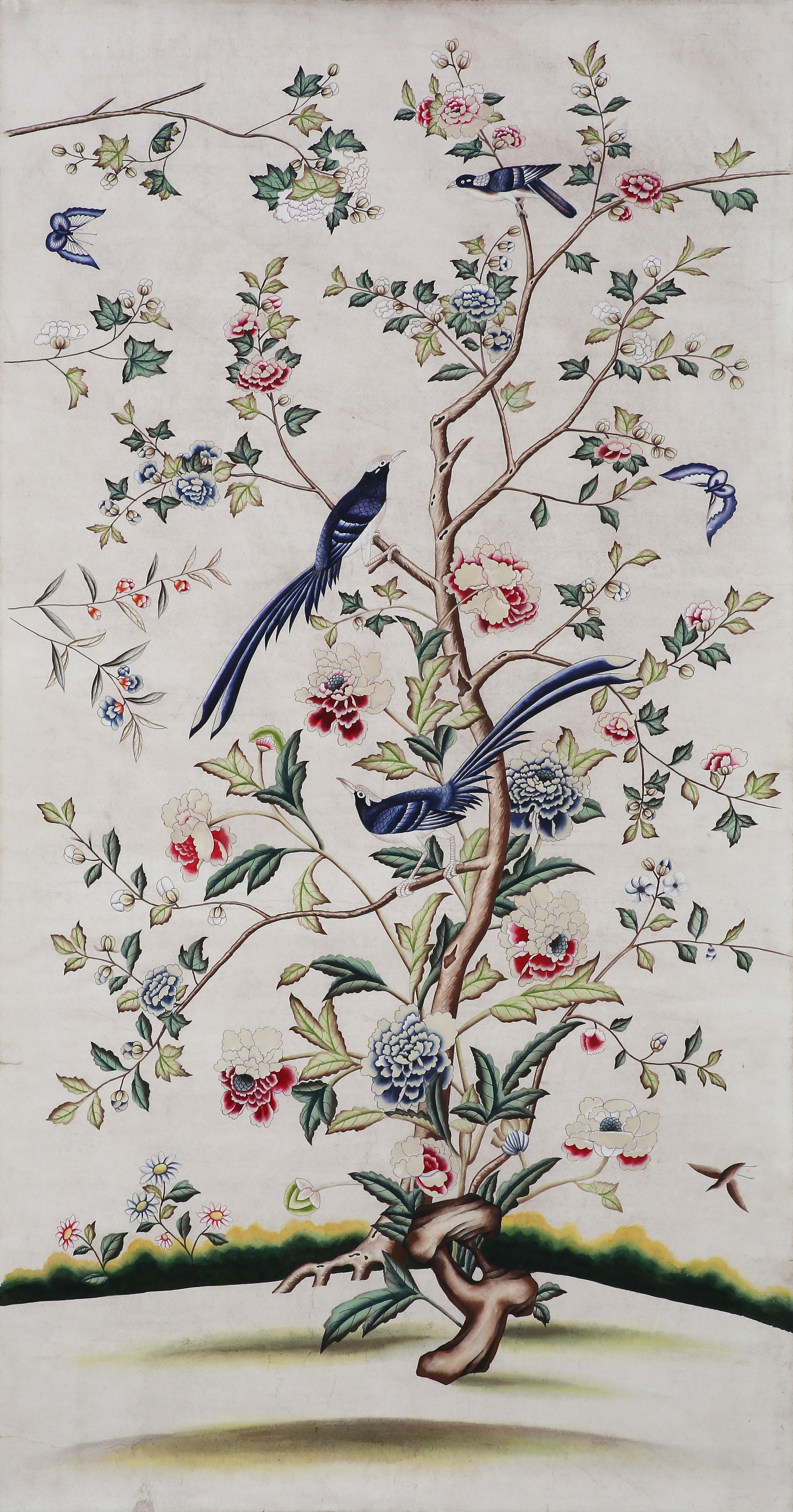Chinoiserie Hand Painted Wallpaper Panels of Birds and Blossoms In New Condition In 10 Chater Road, HK