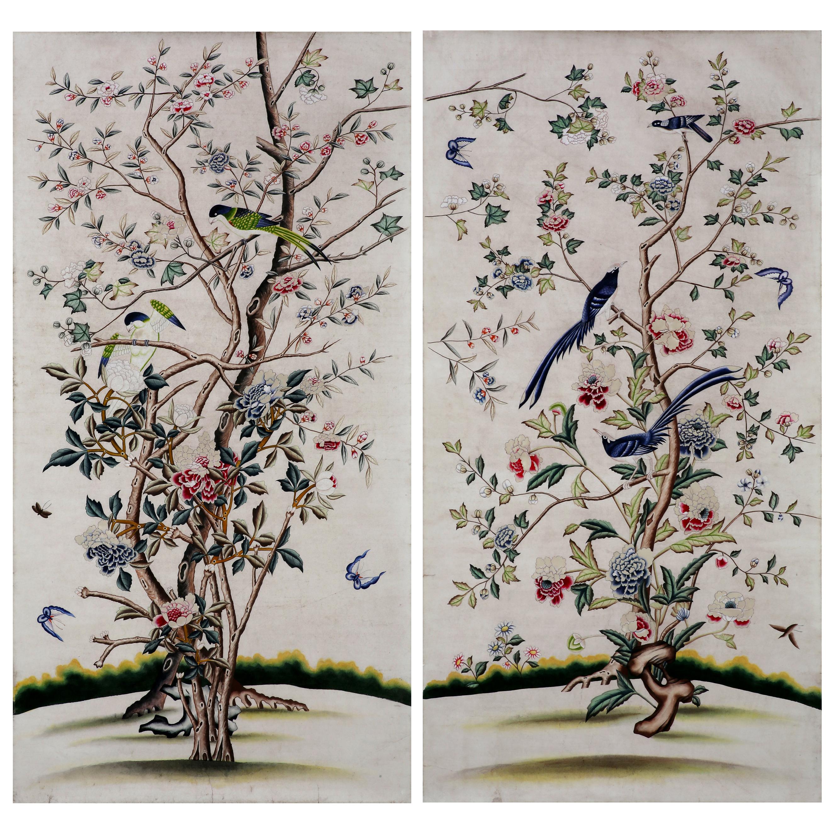 Chinoiserie Hand Painted Wallpaper Panels of Birds and Blossoms