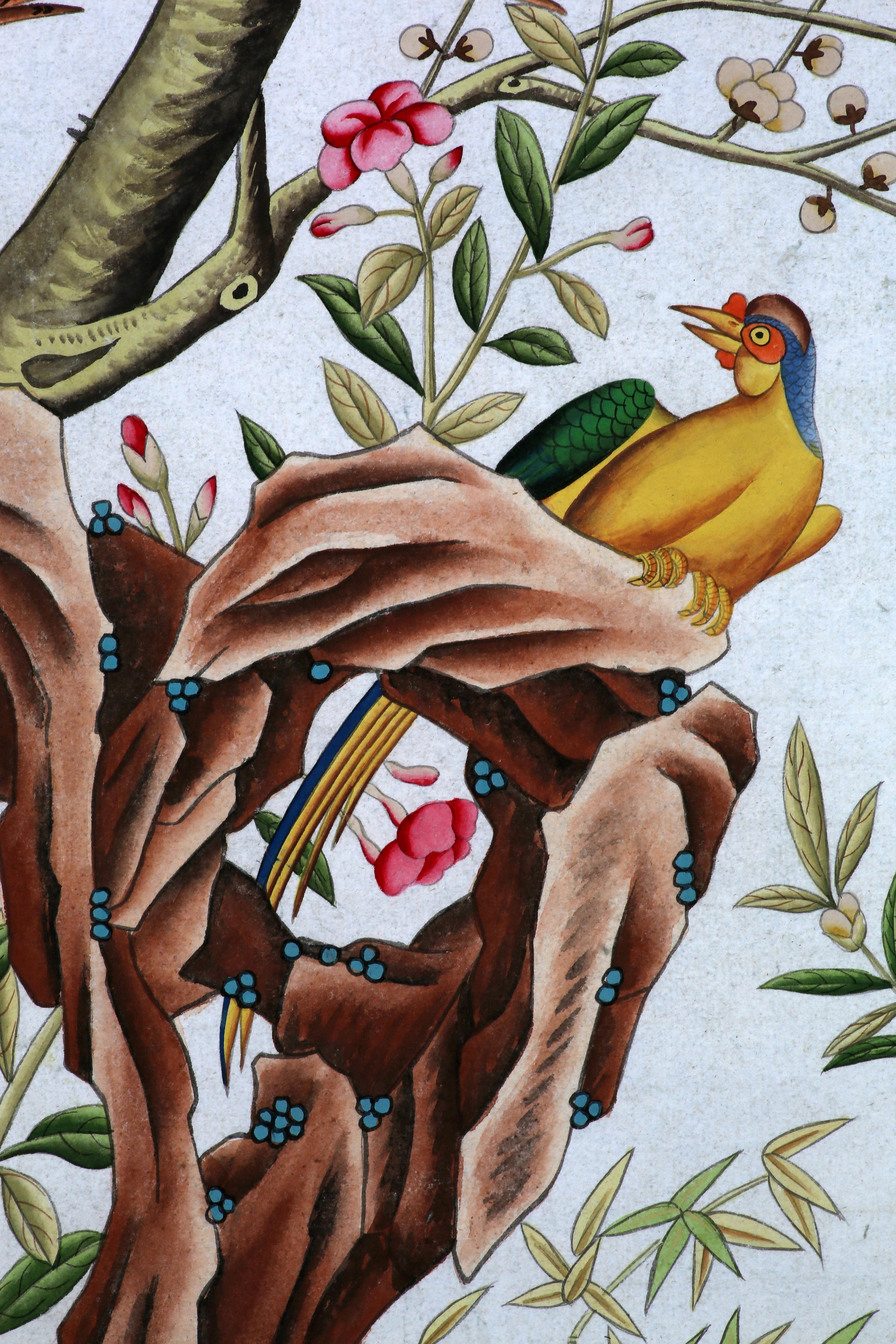 Paper Chinoiserie Hand Painted Wallpaper Panels of Birds and Spring Blossom