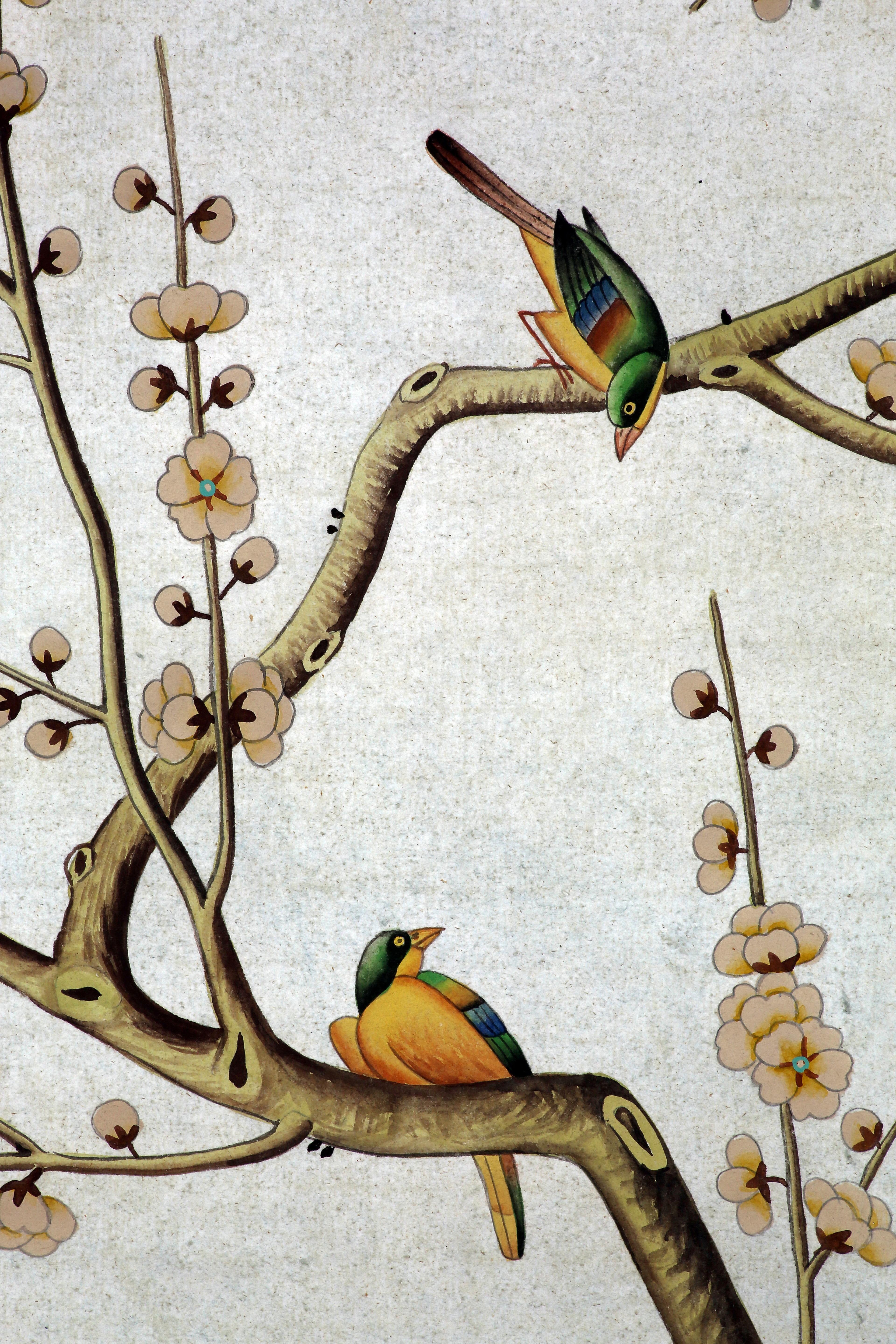 Chinoiserie Hand Painted Wallpaper Panels of Birds and Spring Blossom 1