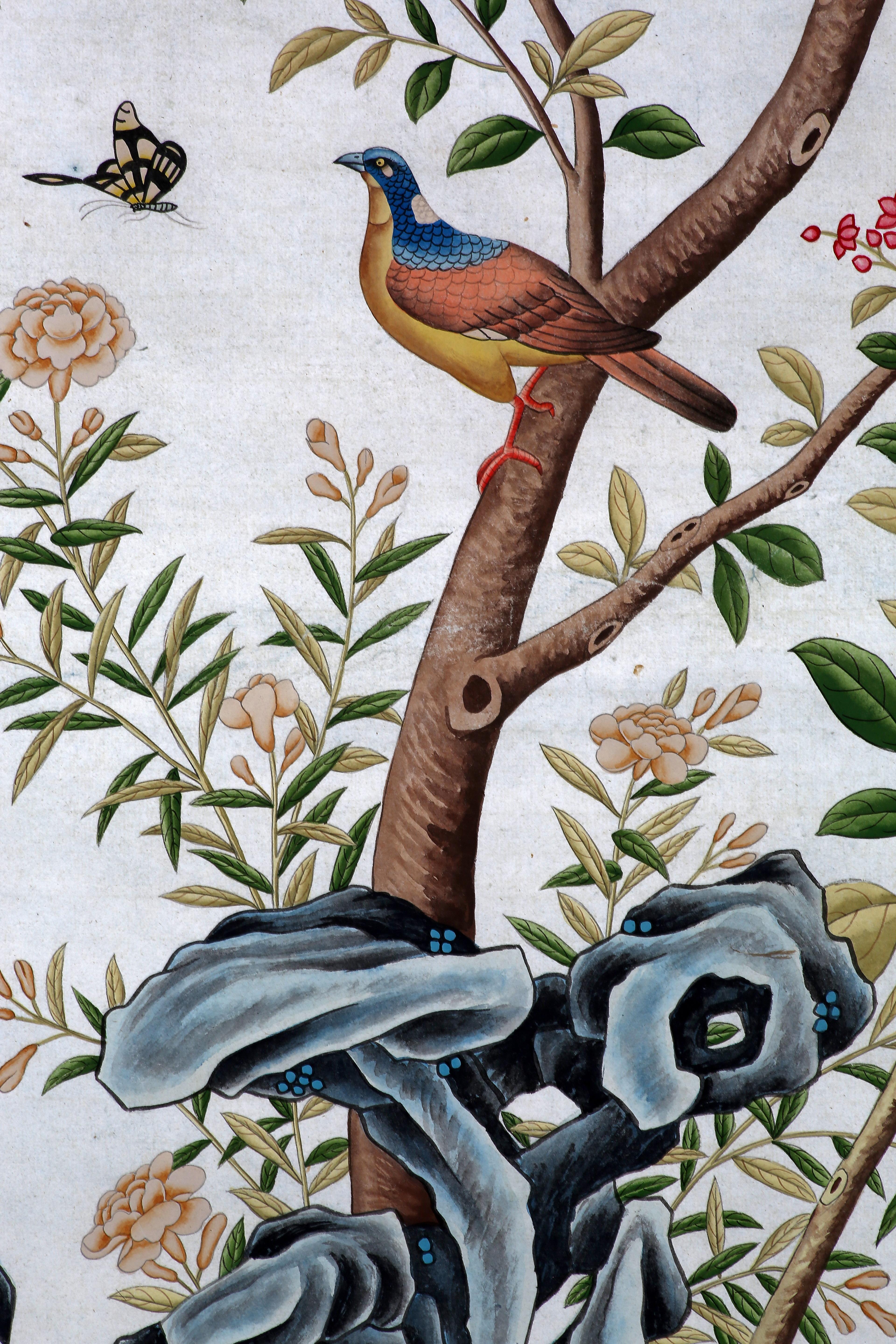 Chinoiserie Hand Painted Wallpaper Panels of Birds and Spring Blossom For Sale 3