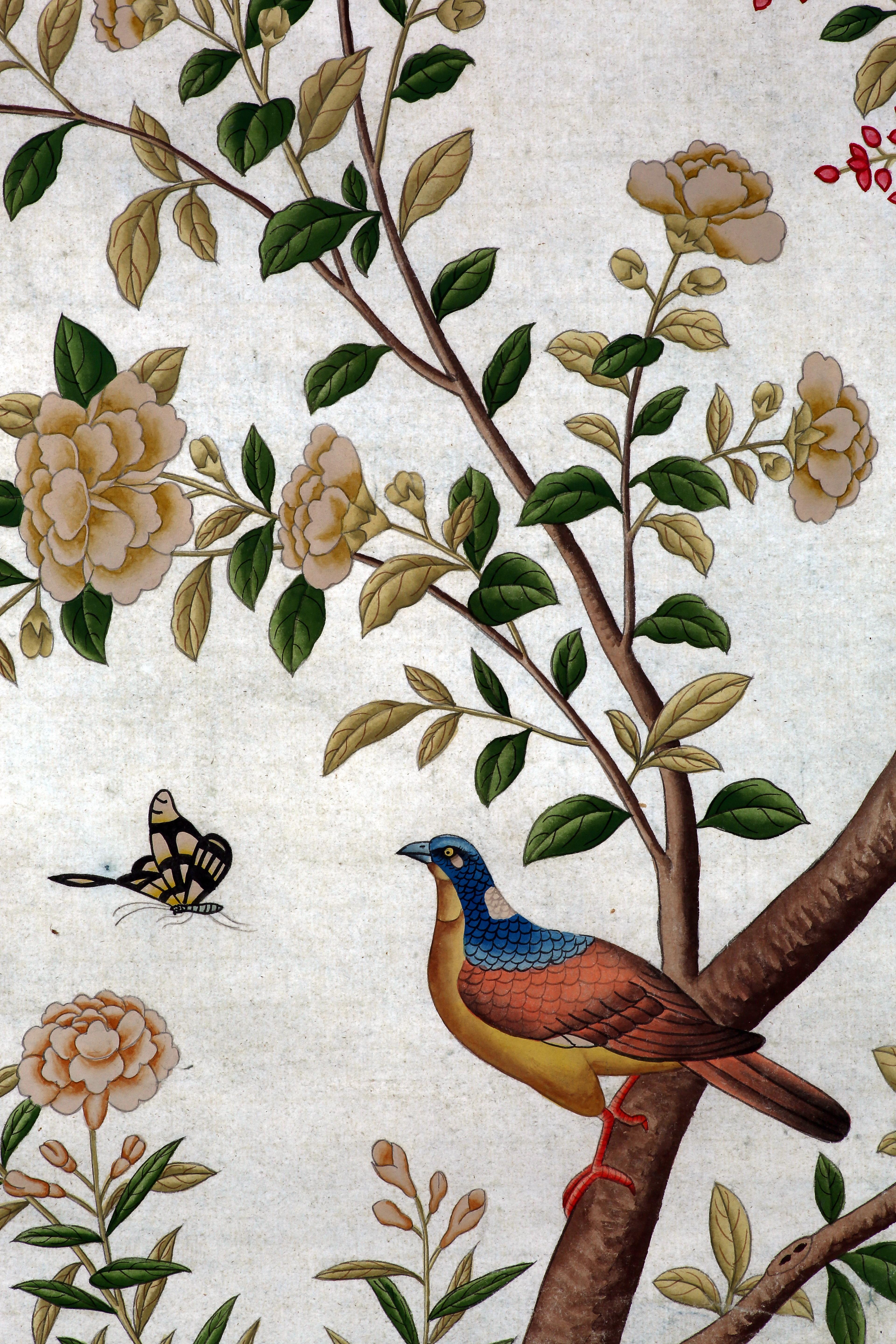 Chinoiserie Hand Painted Wallpaper Panels of Birds and Spring Blossom 3