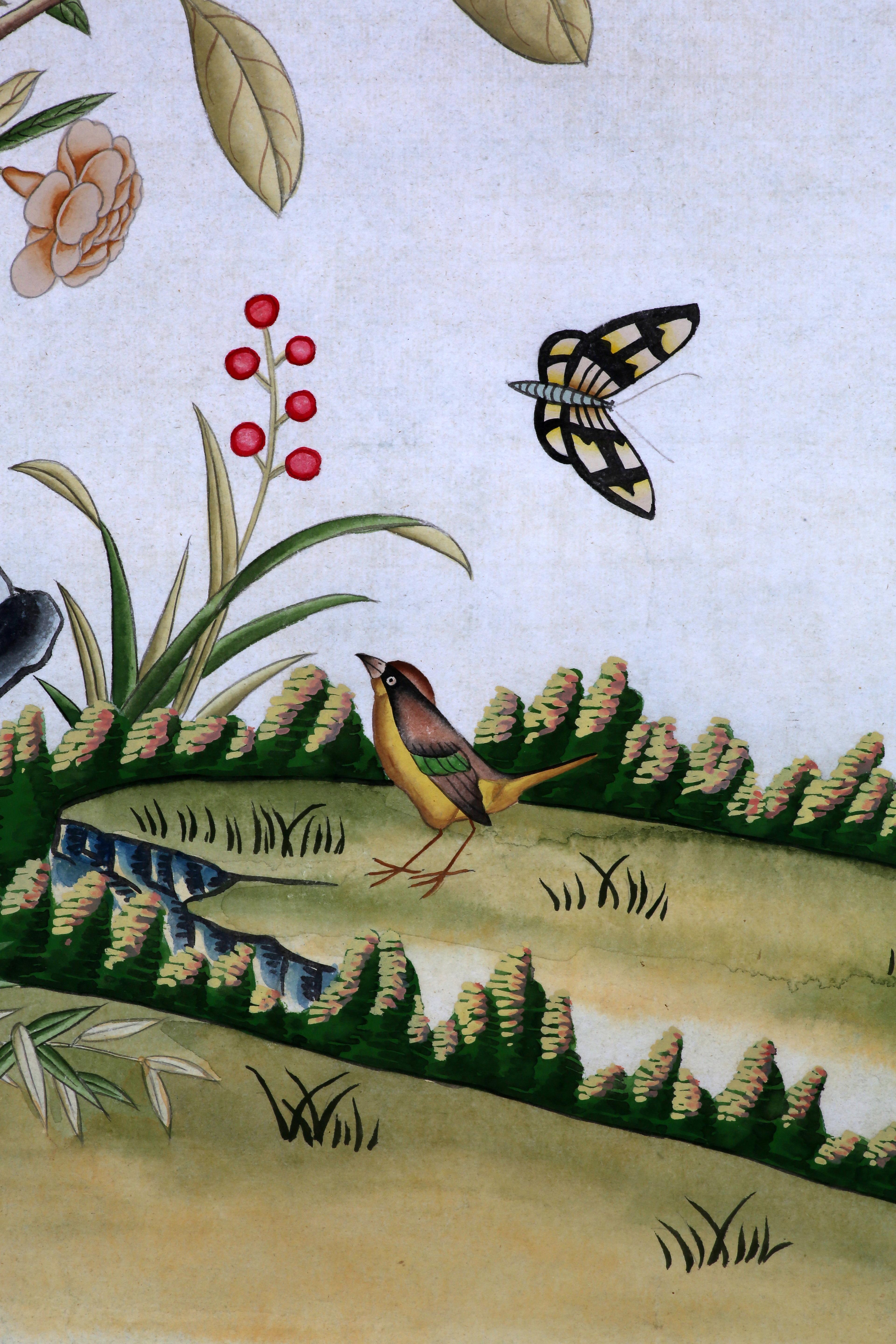 Handbemalte Wandteppiche mit Vögeln und Frühlingsblume aus der Chinoiserie im Angebot 10