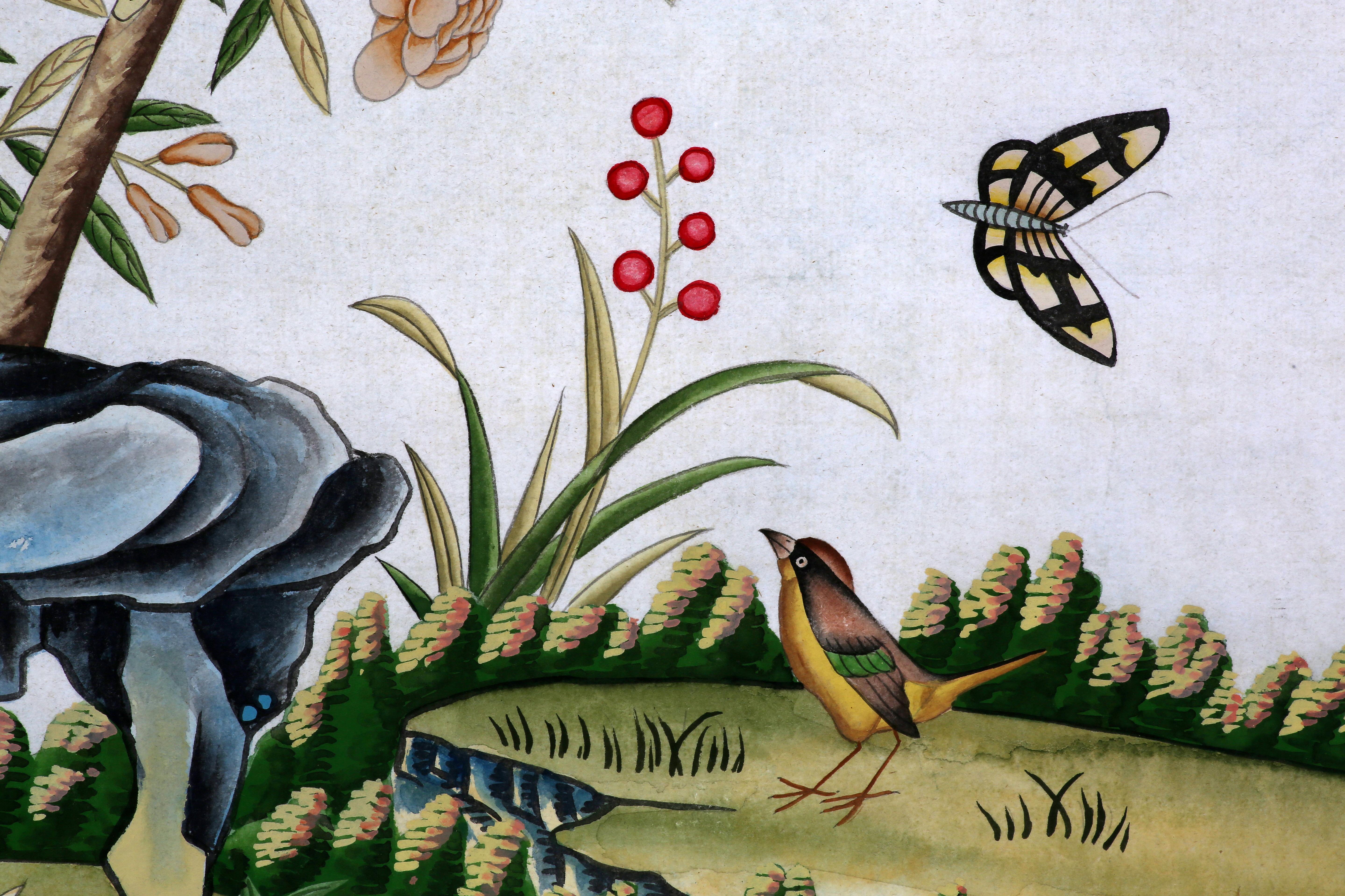 Handbemalte Wandteppiche mit Vögeln und Frühlingsblume aus der Chinoiserie im Angebot 11