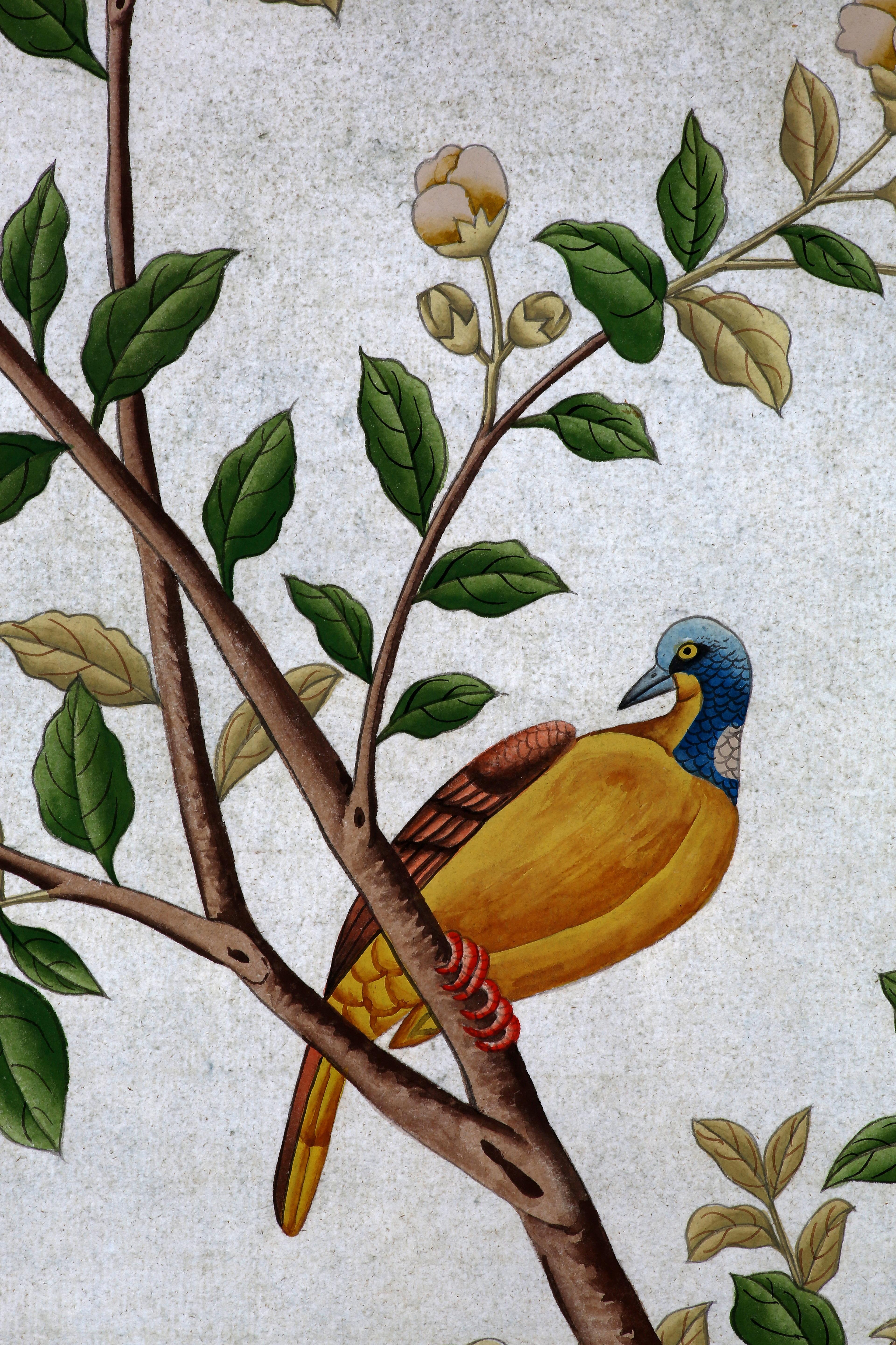 Chinoiserie Hand Painted Wallpaper Panels of Birds and Spring Blossom For Sale 8