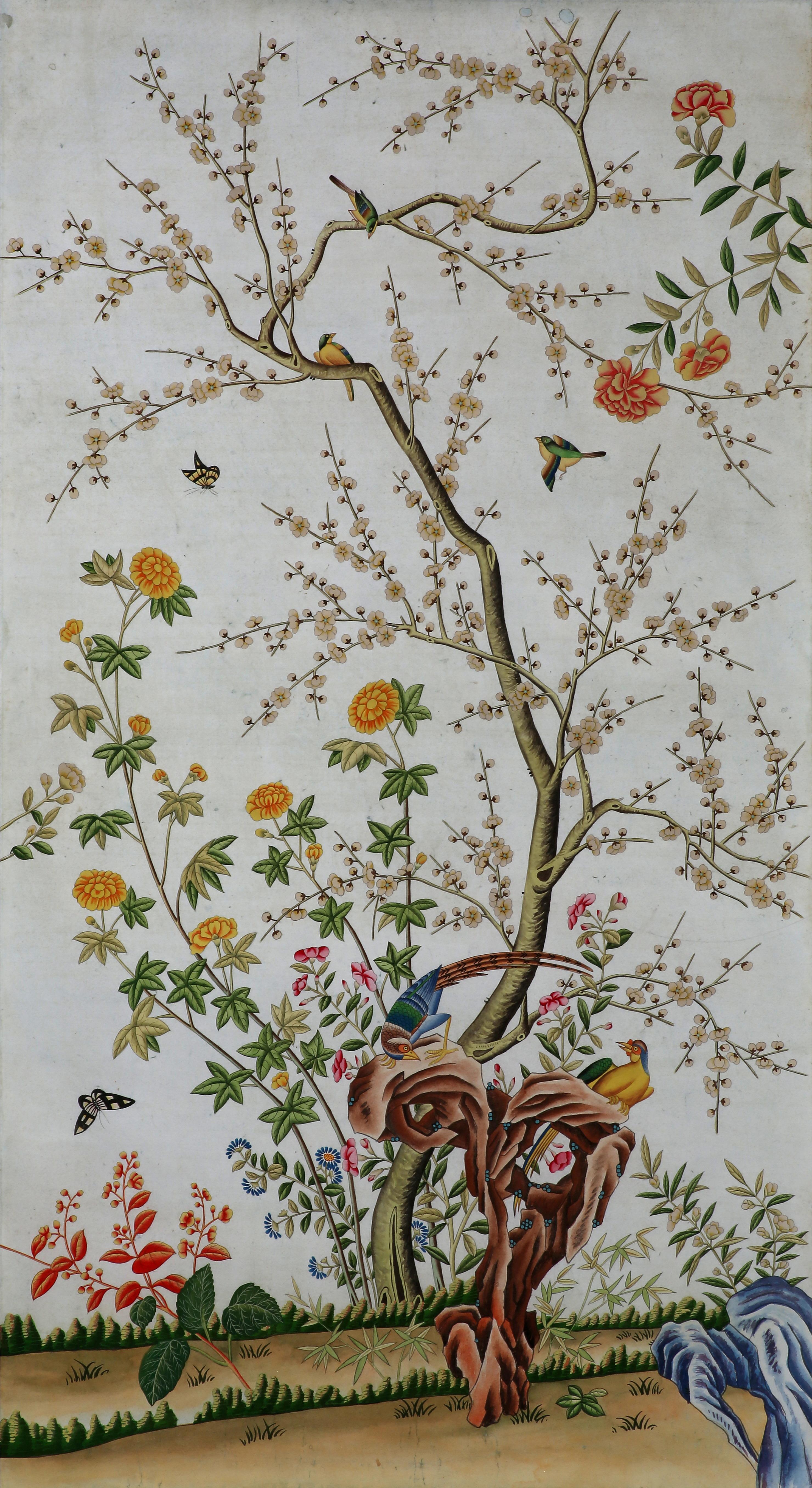 The fine pair of wallpaper panels hand painted in watercolor on rice paper, reproducing the 19th century Chinese export chinoiserie paintings of floral and bird motif on export wallpaper, from our studio. An antiquing process is applied to the