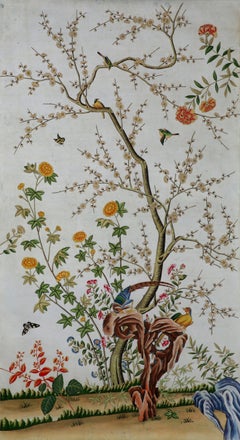 Chinoiserie Hand Painted Wallpaper Panels of Birds and Spring Blossom