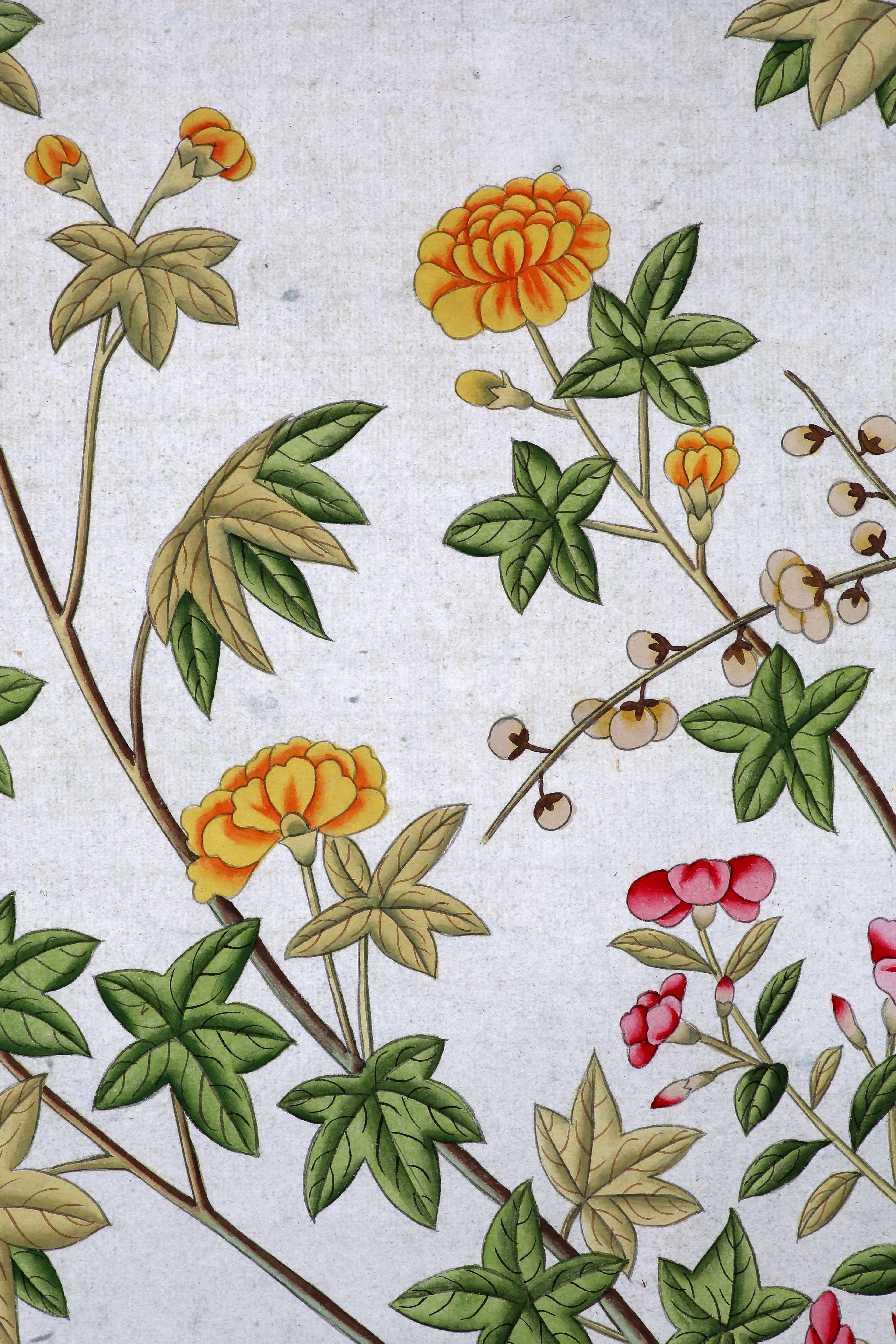 Handbemalte Wandteppiche mit Vögeln und Frühlingsblume aus der Chinoiserie (21. Jahrhundert und zeitgenössisch) im Angebot