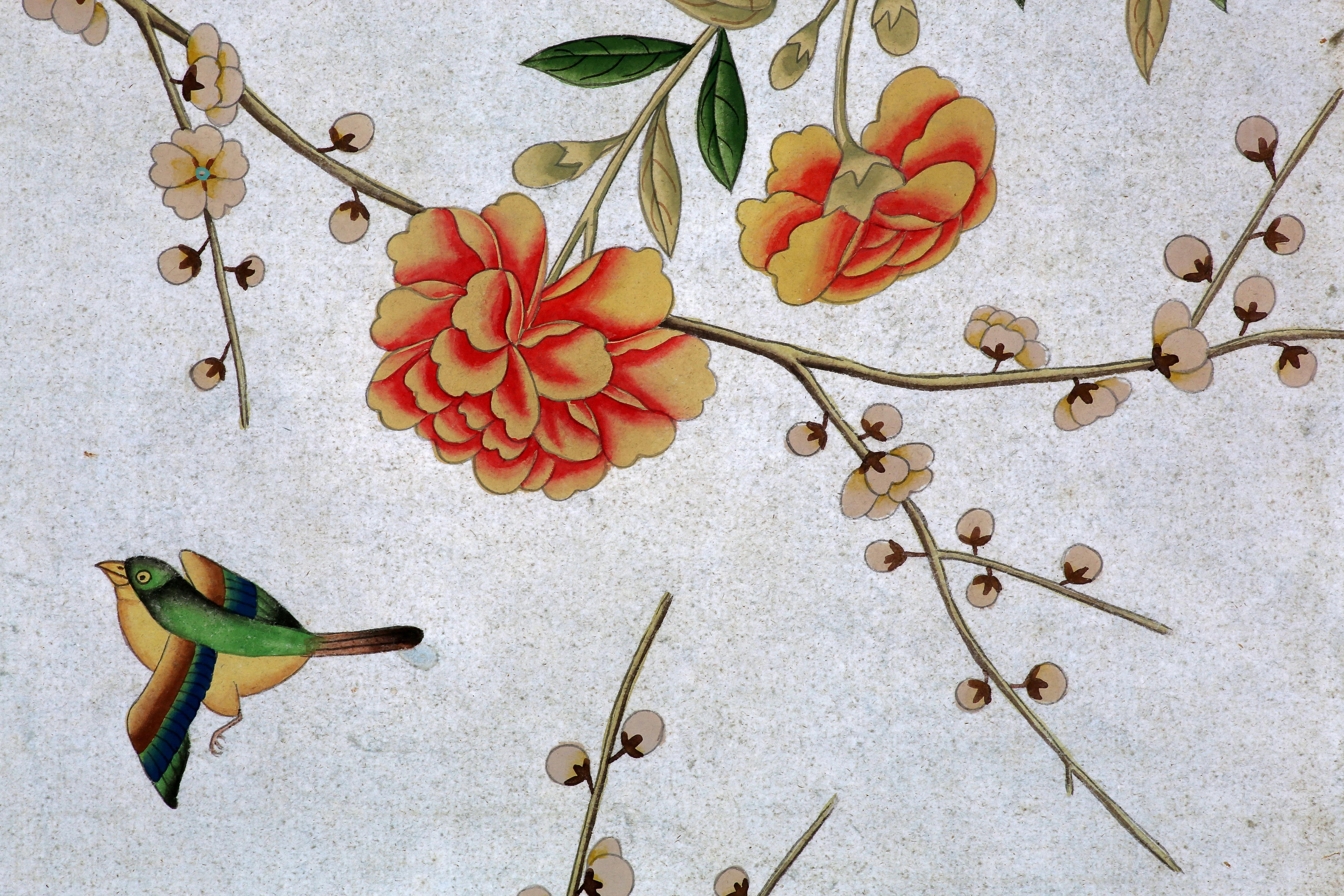 Hand-Painted Chinoiserie Hand Painted Wallpaper Panels of Birds and Spring Blossom For Sale