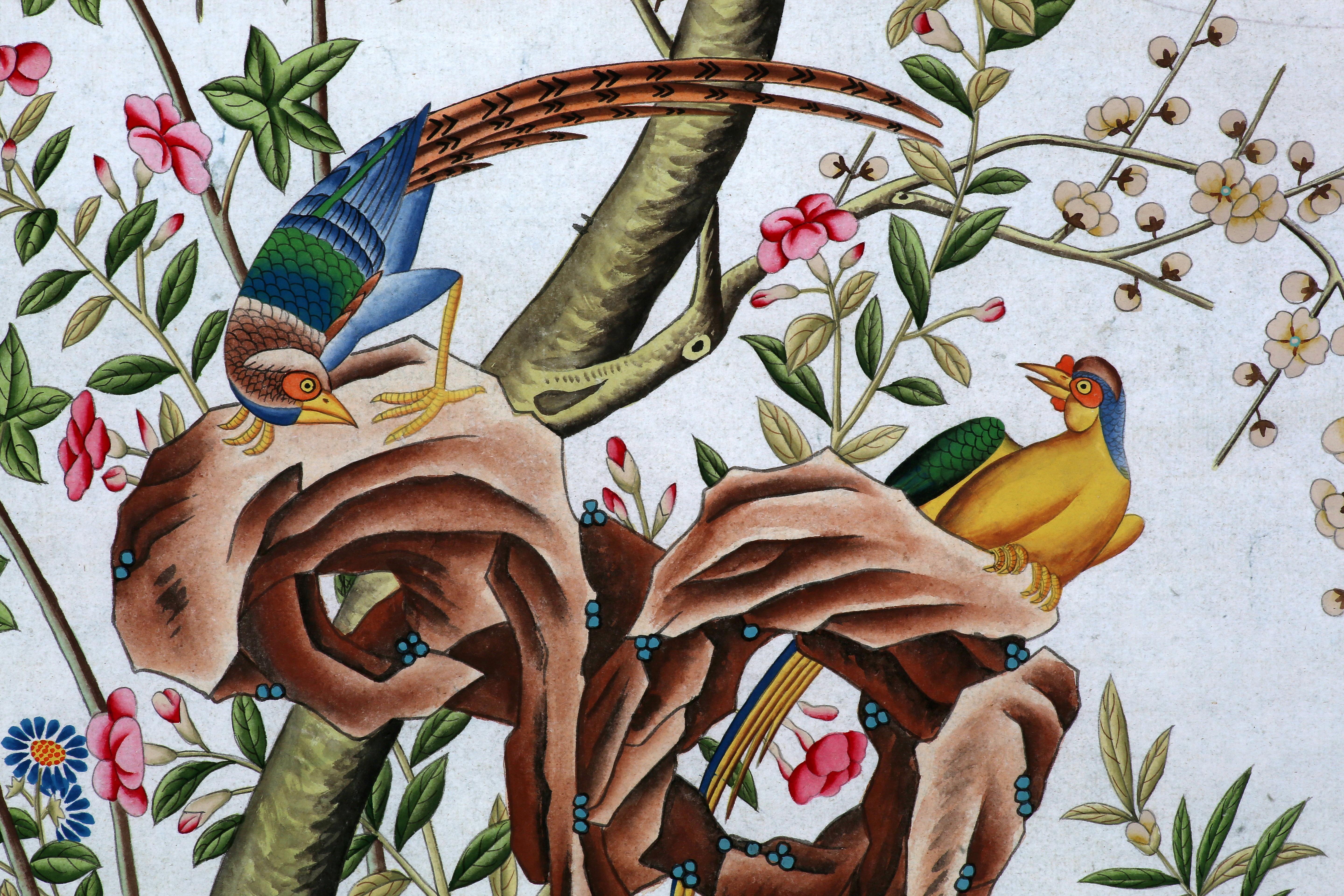 Contemporary Chinoiserie Hand Painted Wallpaper Panels of Birds and Spring Blossom For Sale