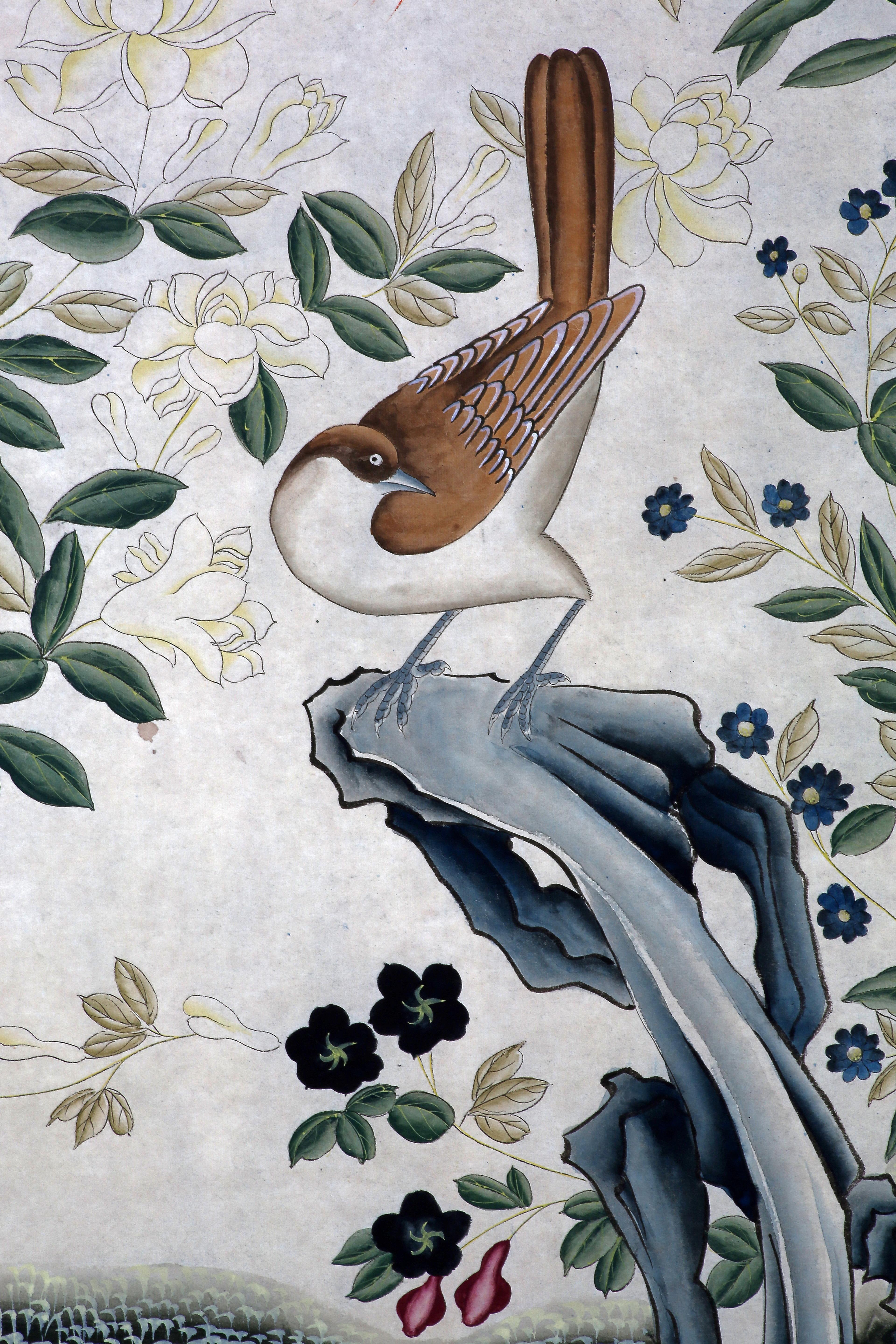 Chinoiserie Hand Painted Wallpaper Panels of Birds in a Garden Setting 6