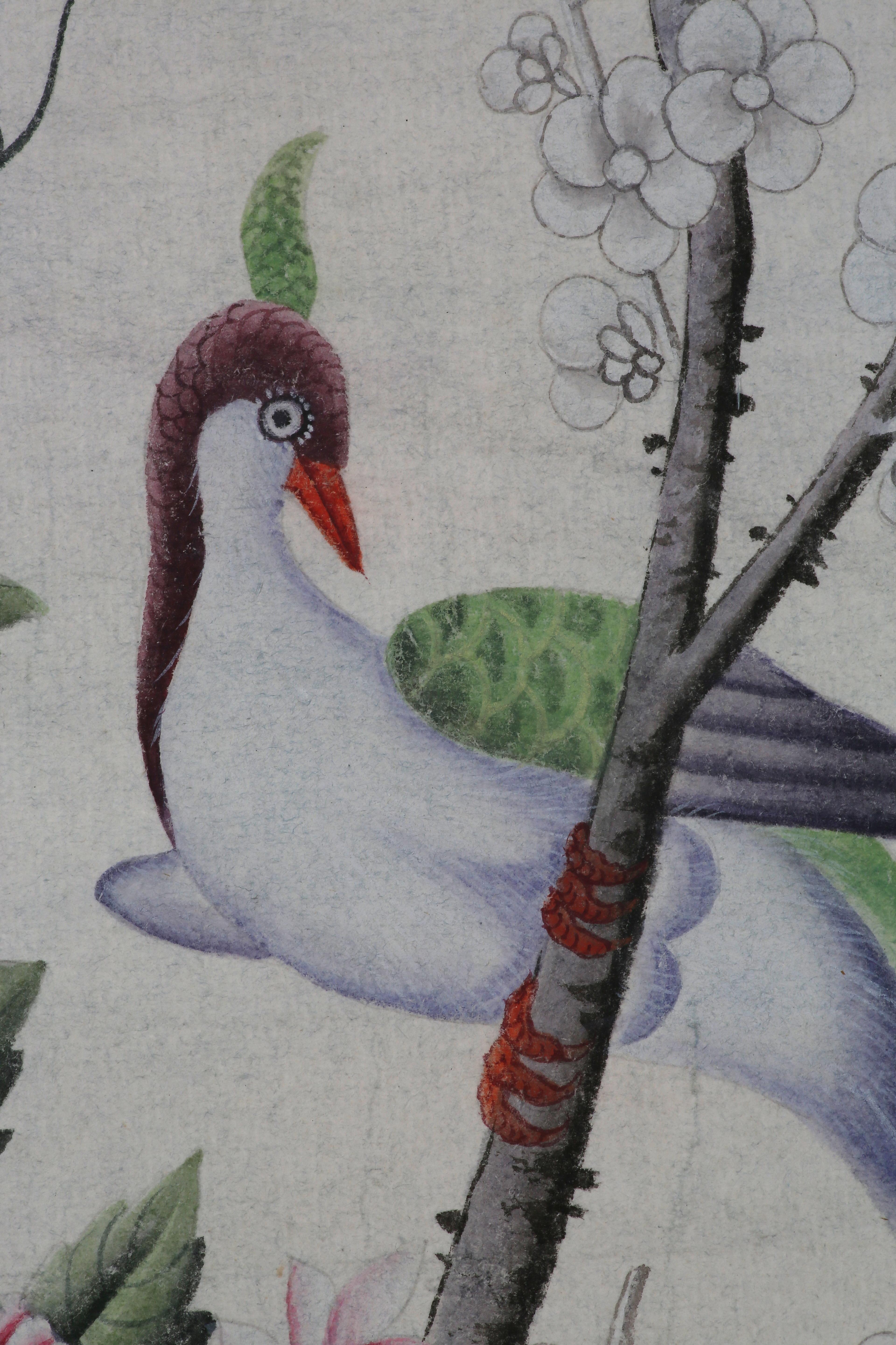Dipinto a mano Carta da parati dipinta a mano Chinoiserie con uccelli in un giardino in vendita