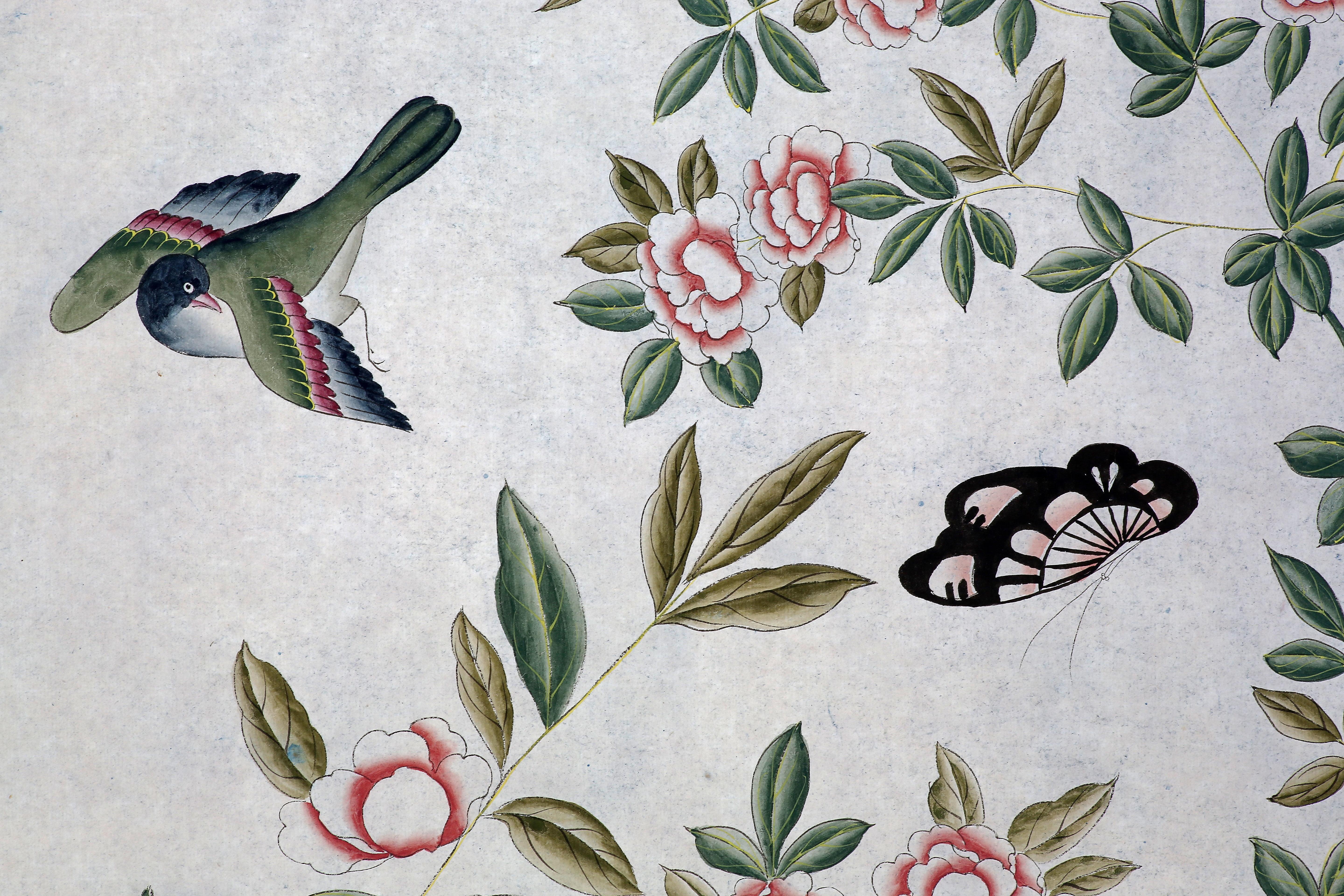 Chinese Chinoiserie Hand Painted Wallpaper Panels of Birds in a Garden Setting