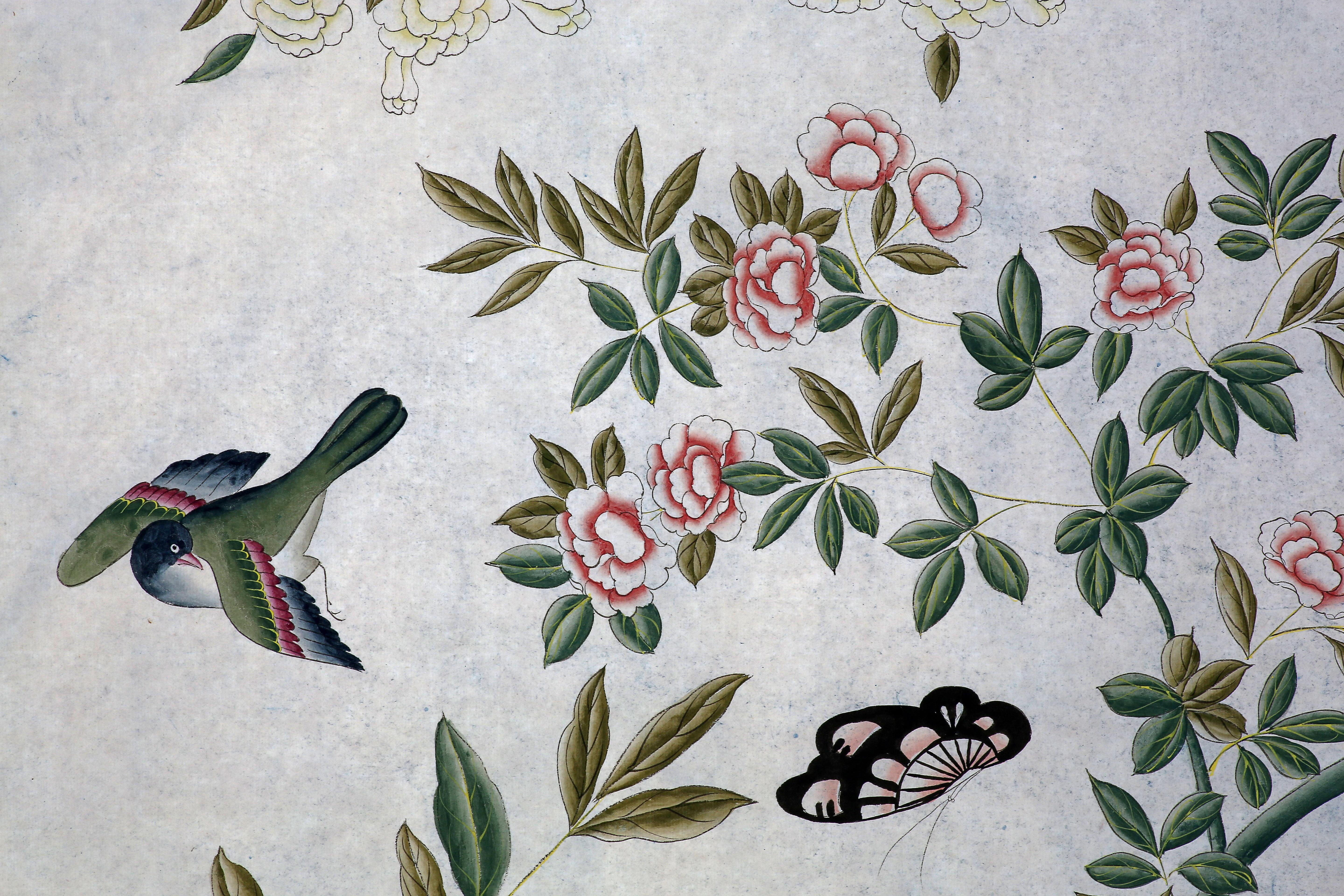 Chinoiserie Hand Painted Wallpaper Panels of Birds in a Garden Setting 1