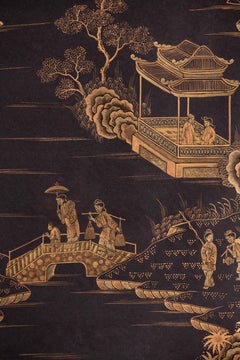 Chinoiserie Hand-Painted Wallpaper Panels of Golden Pavilions on Black