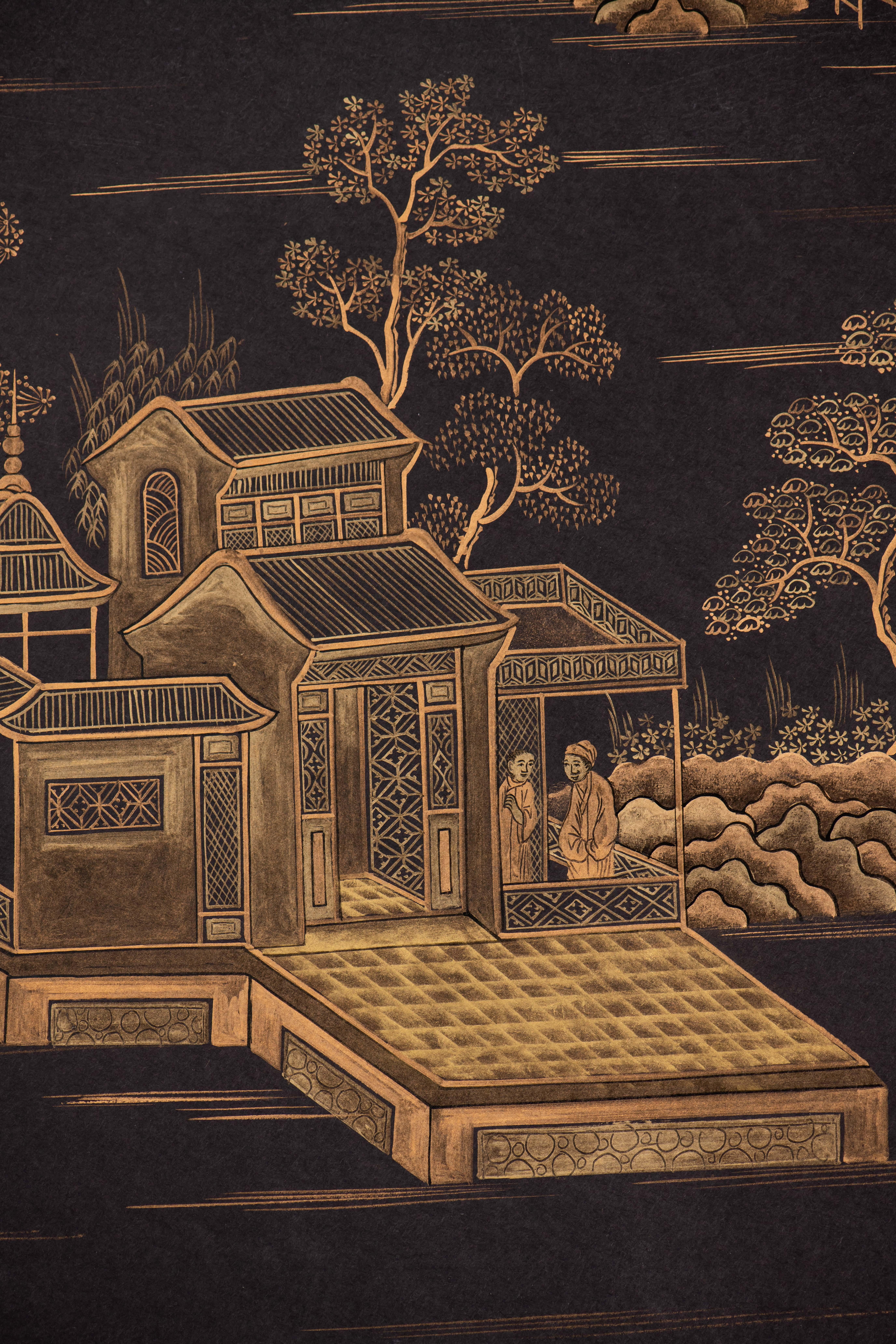 Handbemalte Chinoiserie-Tapeteteppiche mit goldenen Pavillons auf Schwarz (Chinesisch) im Angebot