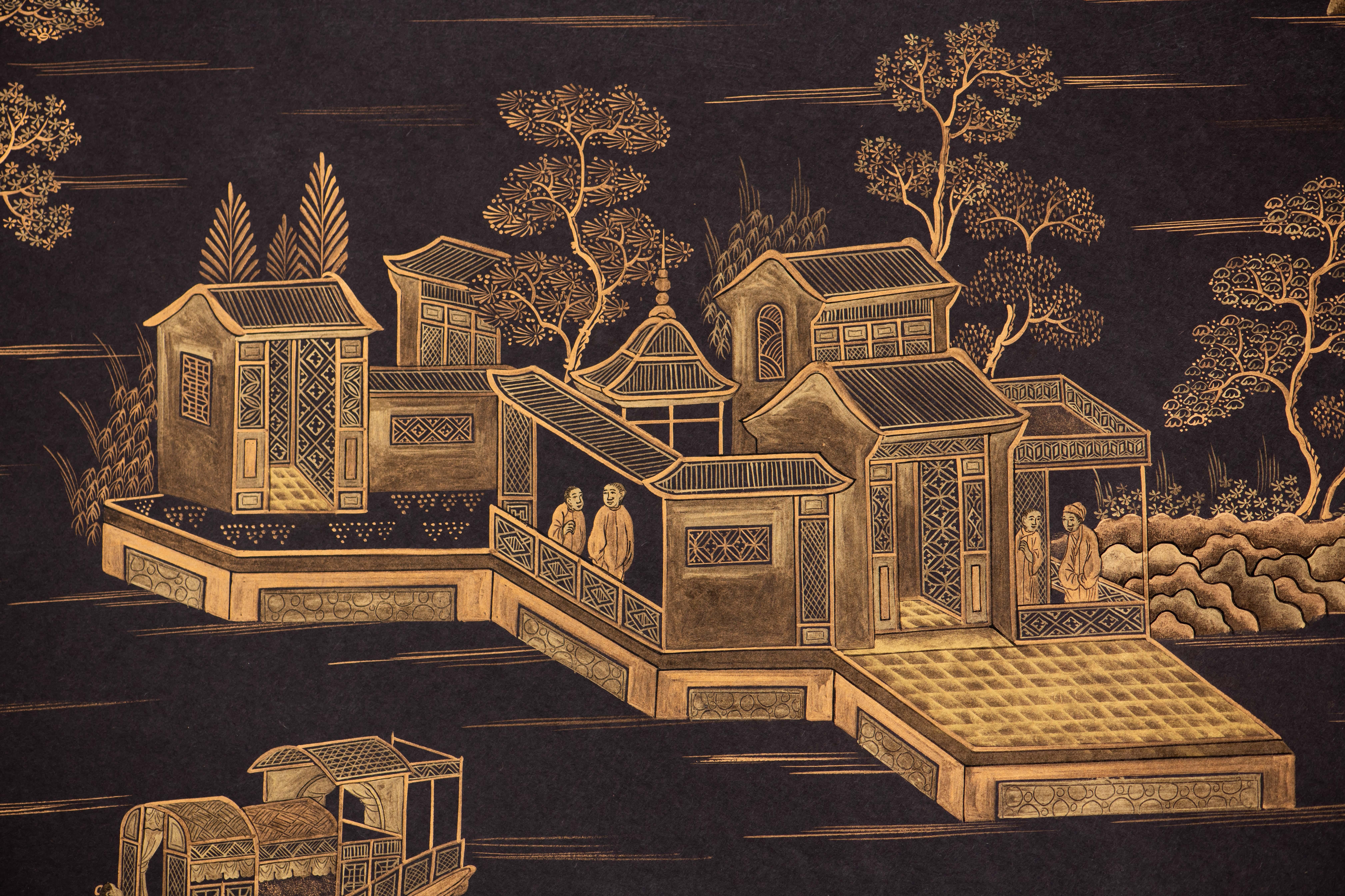 Handbemalte Chinoiserie-Tapeteteppiche mit goldenen Pavillons auf Schwarz (Papier) im Angebot
