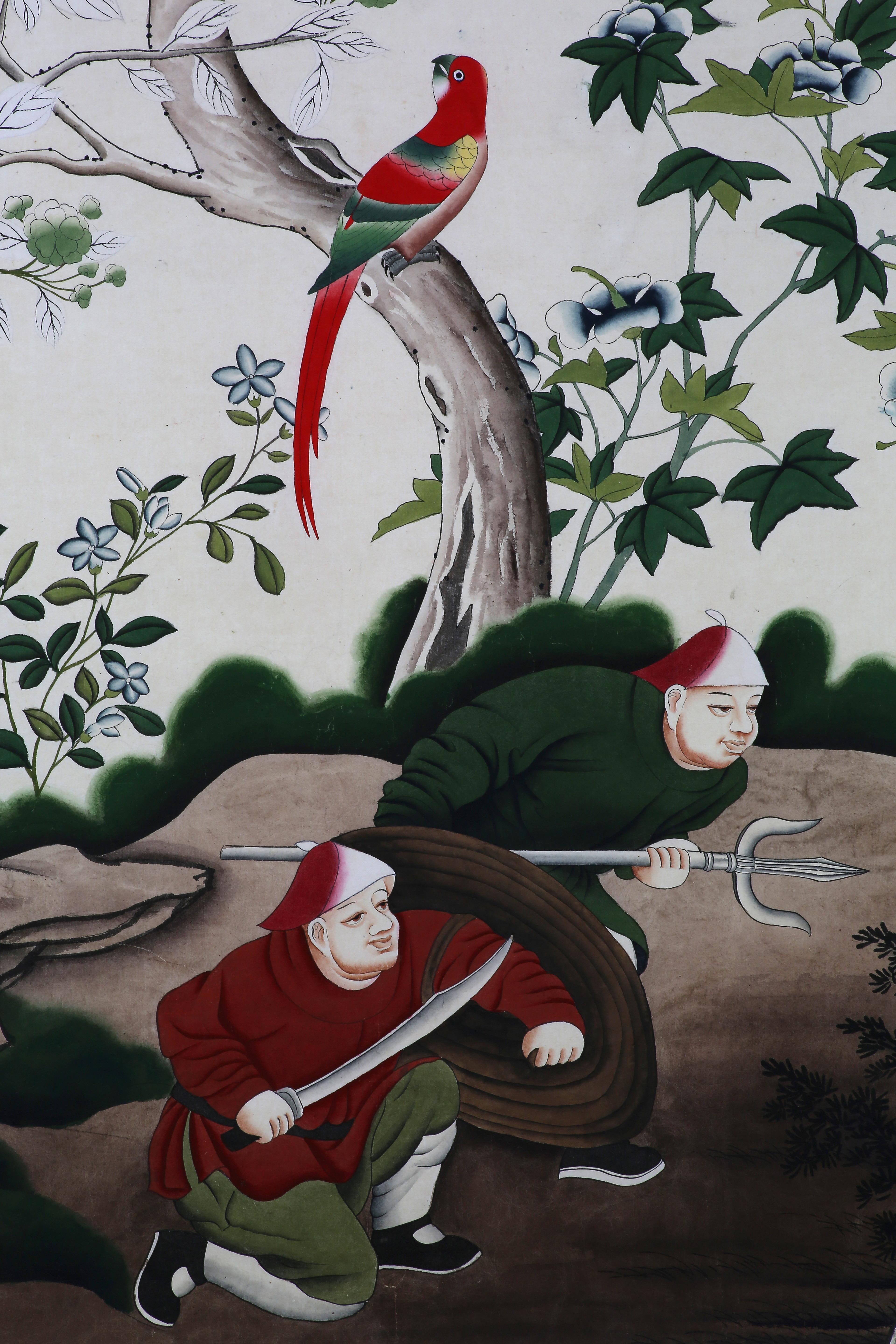 Chinese Chinoiserie Hand Painted Wallpaper Panels of Hunting Scenes