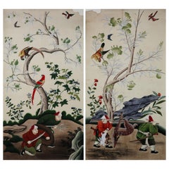 Chinoiserie Hand Painted Wallpaper Panels of Hunting Scenes
