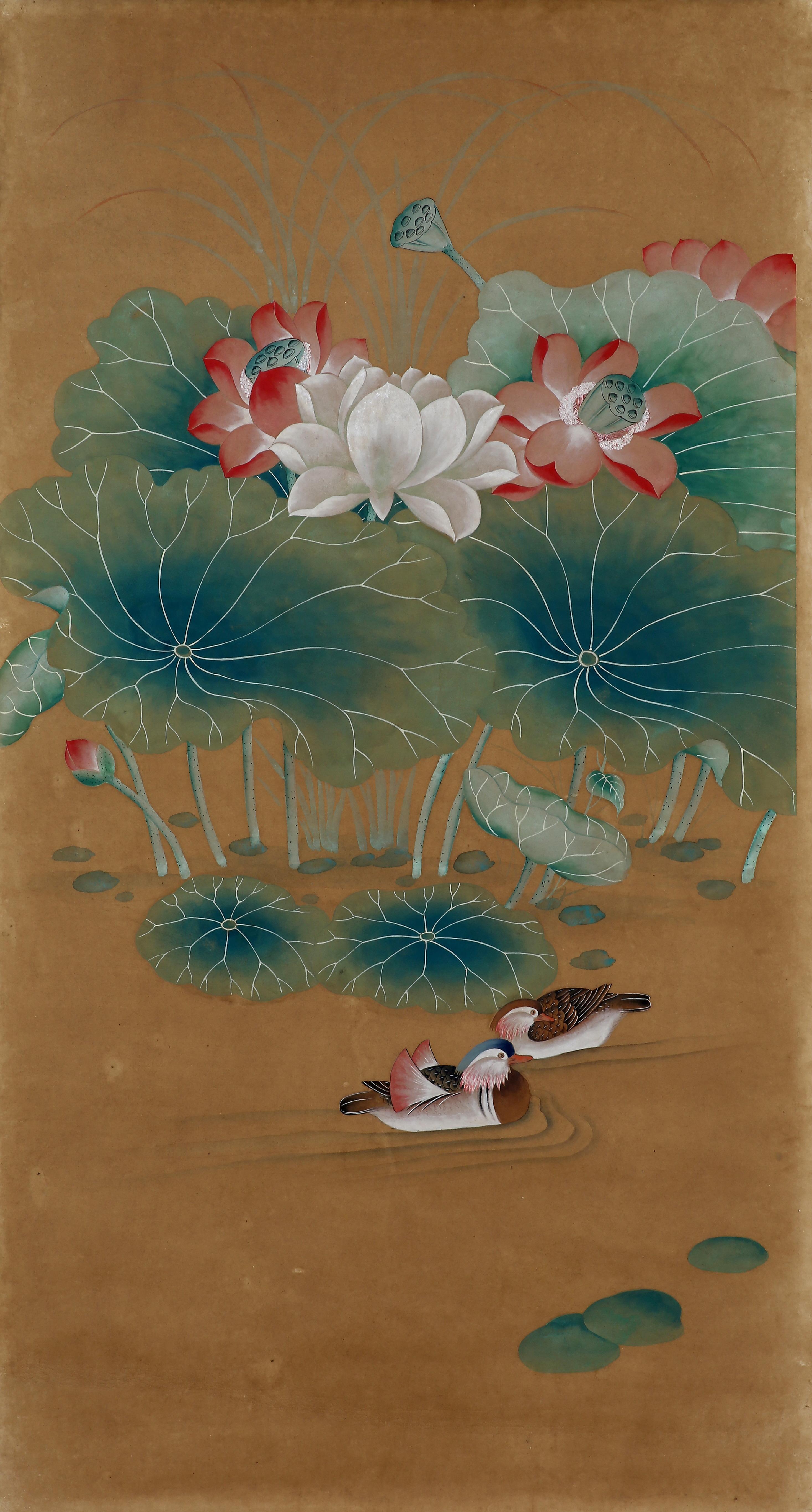 The fine pair of wallpaper panels hand-painted in watercolor on rice paper, reproducing the 19th-century Chinese export Chinoiserie paintings of lotus pond and mandarin ducks on export wallpaper, from our studio. An antiquing process is applied to