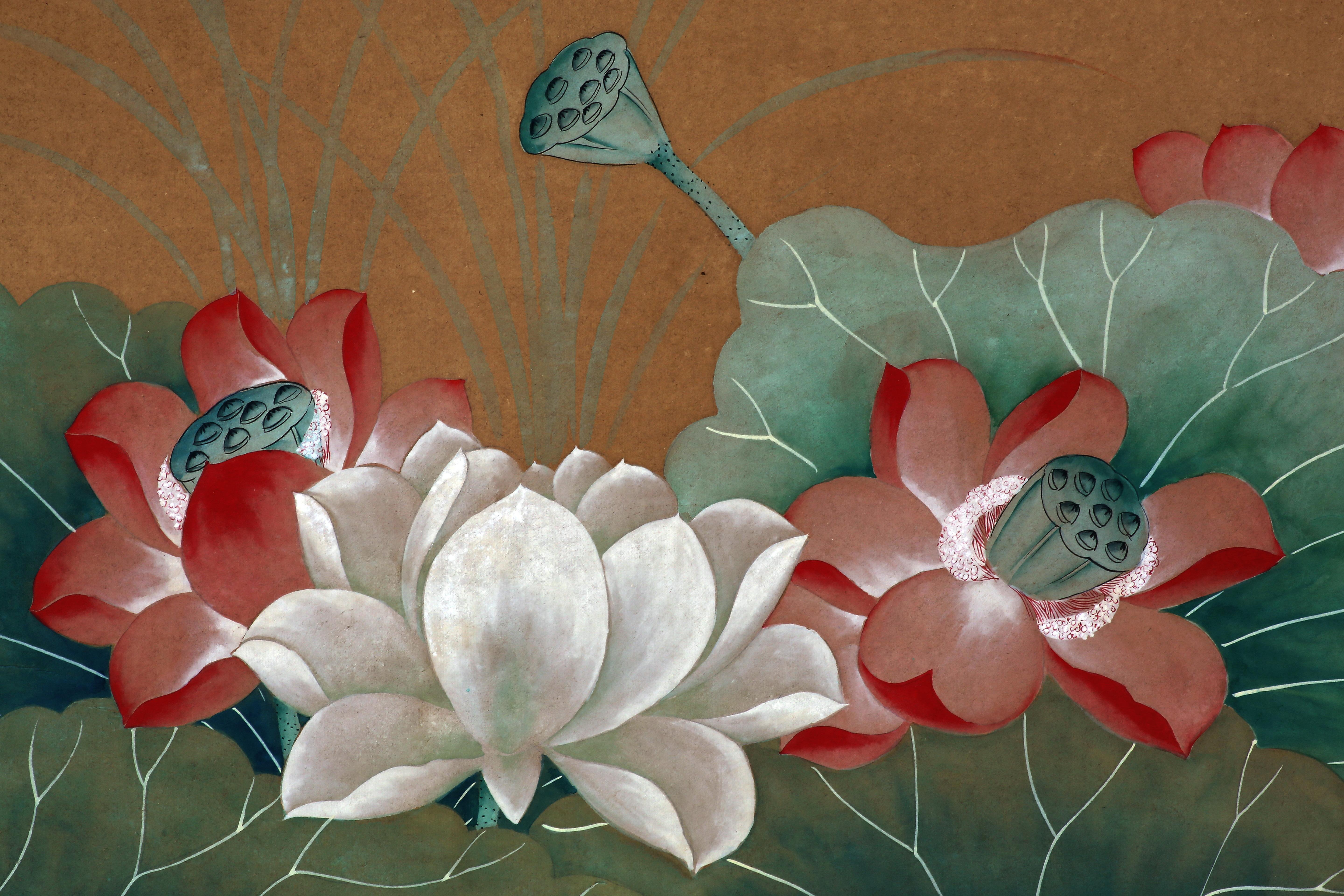 Chinese Chinoiserie Hand-Painted Wallpaper Panels of Lotus Pond and Mandarin Ducks