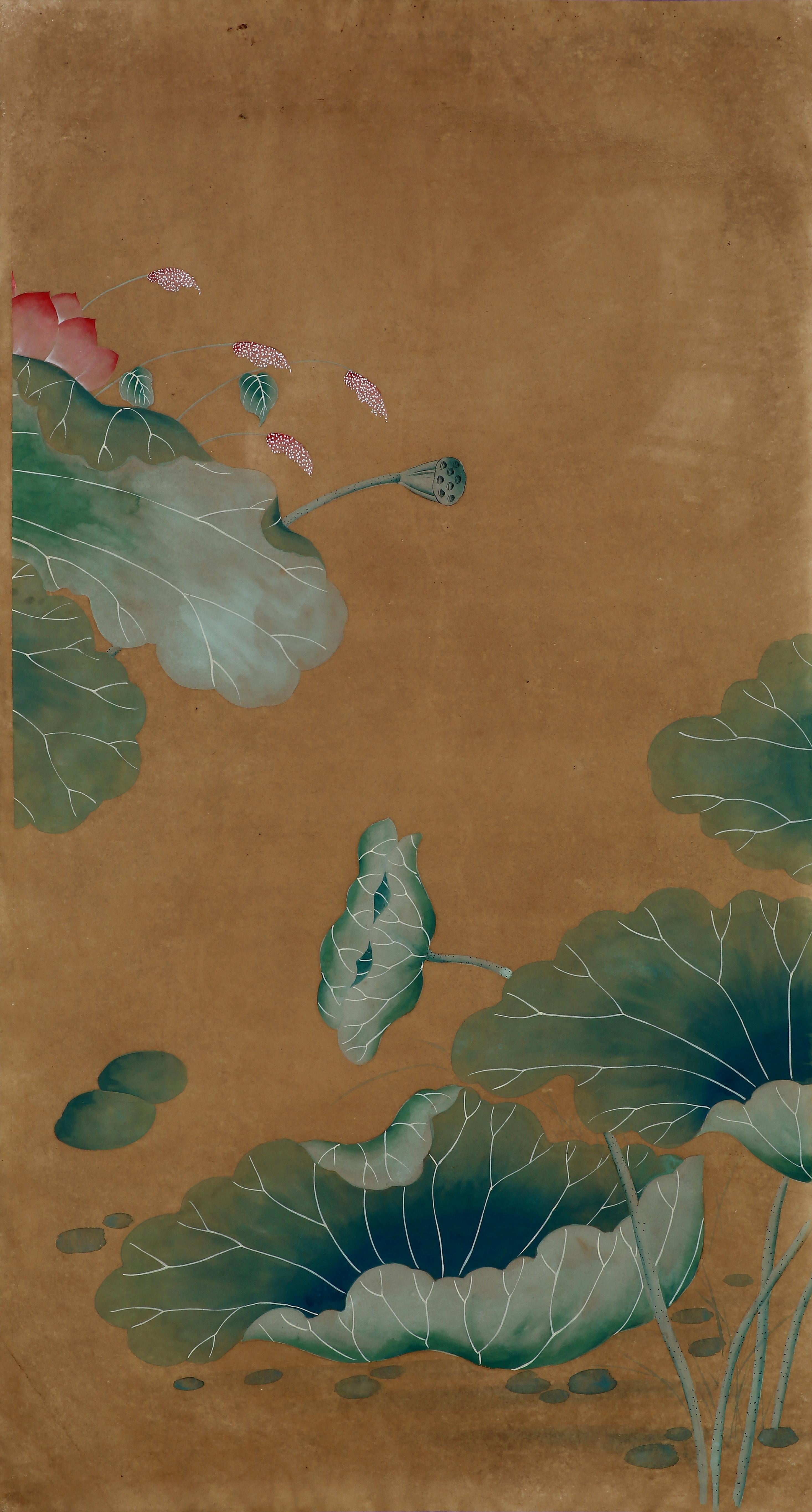 Paper Chinoiserie Hand-Painted Wallpaper Panels of Lotus Pond and Mandarin Ducks