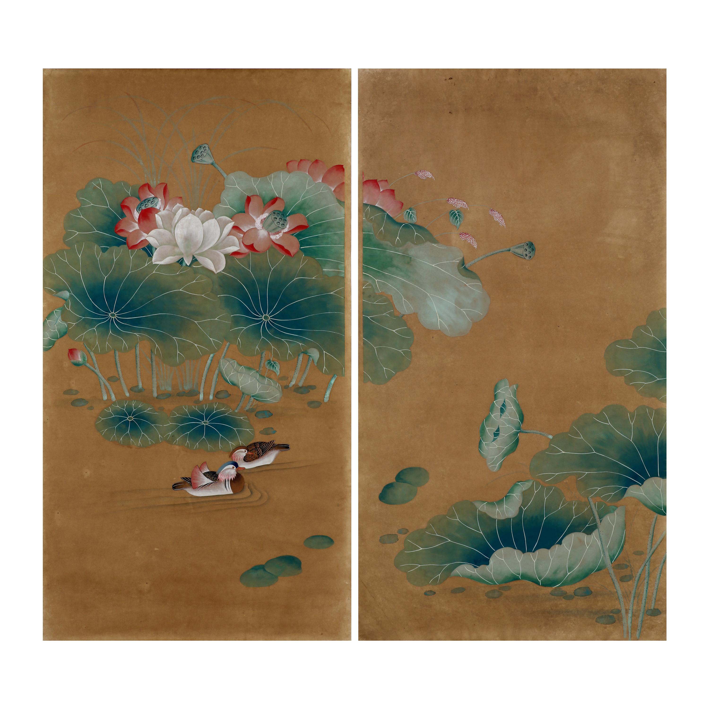 Chinoiserie Hand-Painted Wallpaper Panels of Lotus Pond and Mandarin Ducks