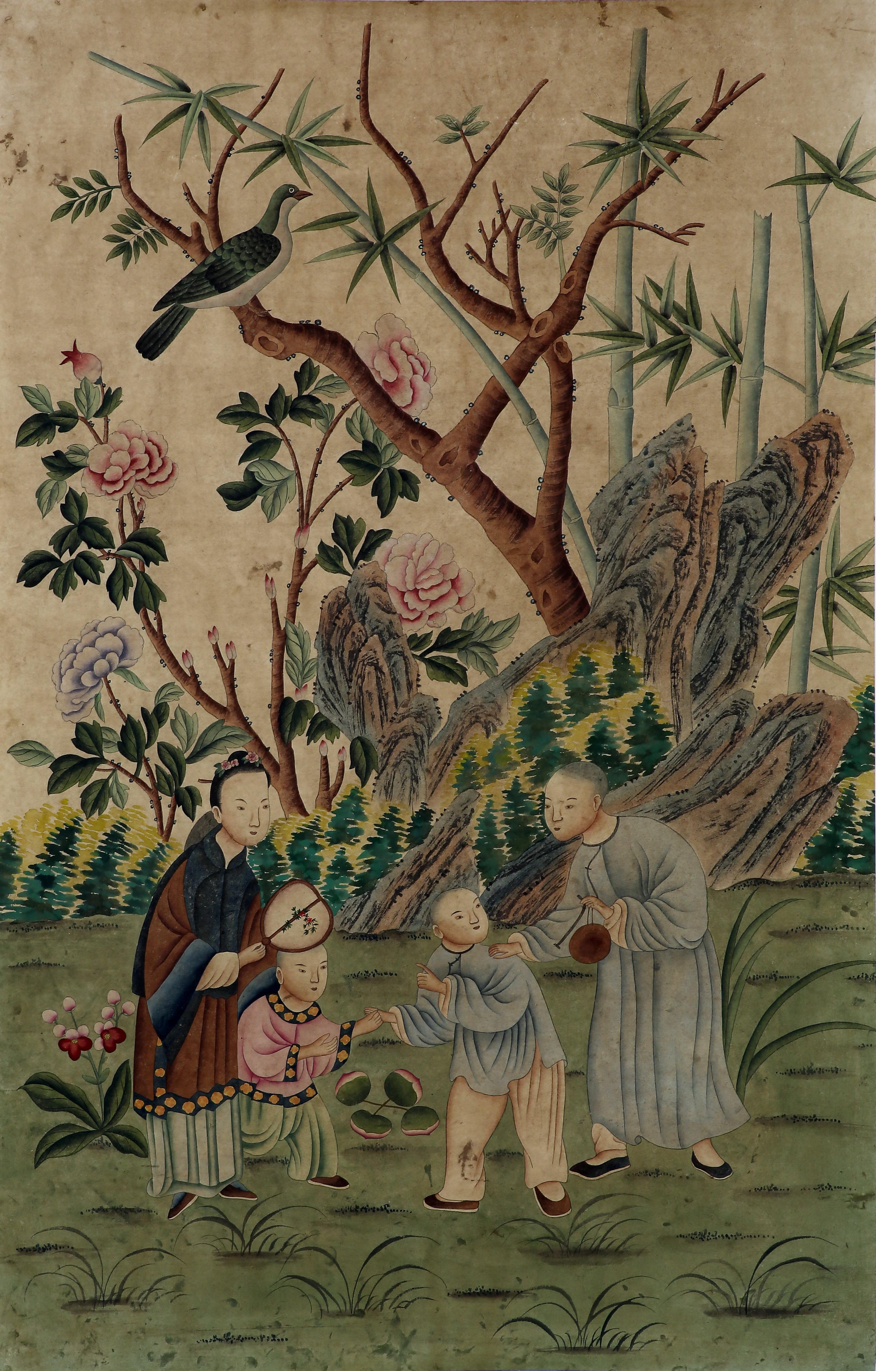 The fine pair of wallpaper panels hand painted in watercolor on rice paper, reproducing the 19th century Chinese export chinoiserie painting of people in the garden on export wallpaper, from our studio. An antiquing process is applied to the panels