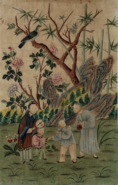 Chinoiserie Hand Painted Wallpaper Panels of People in Garden