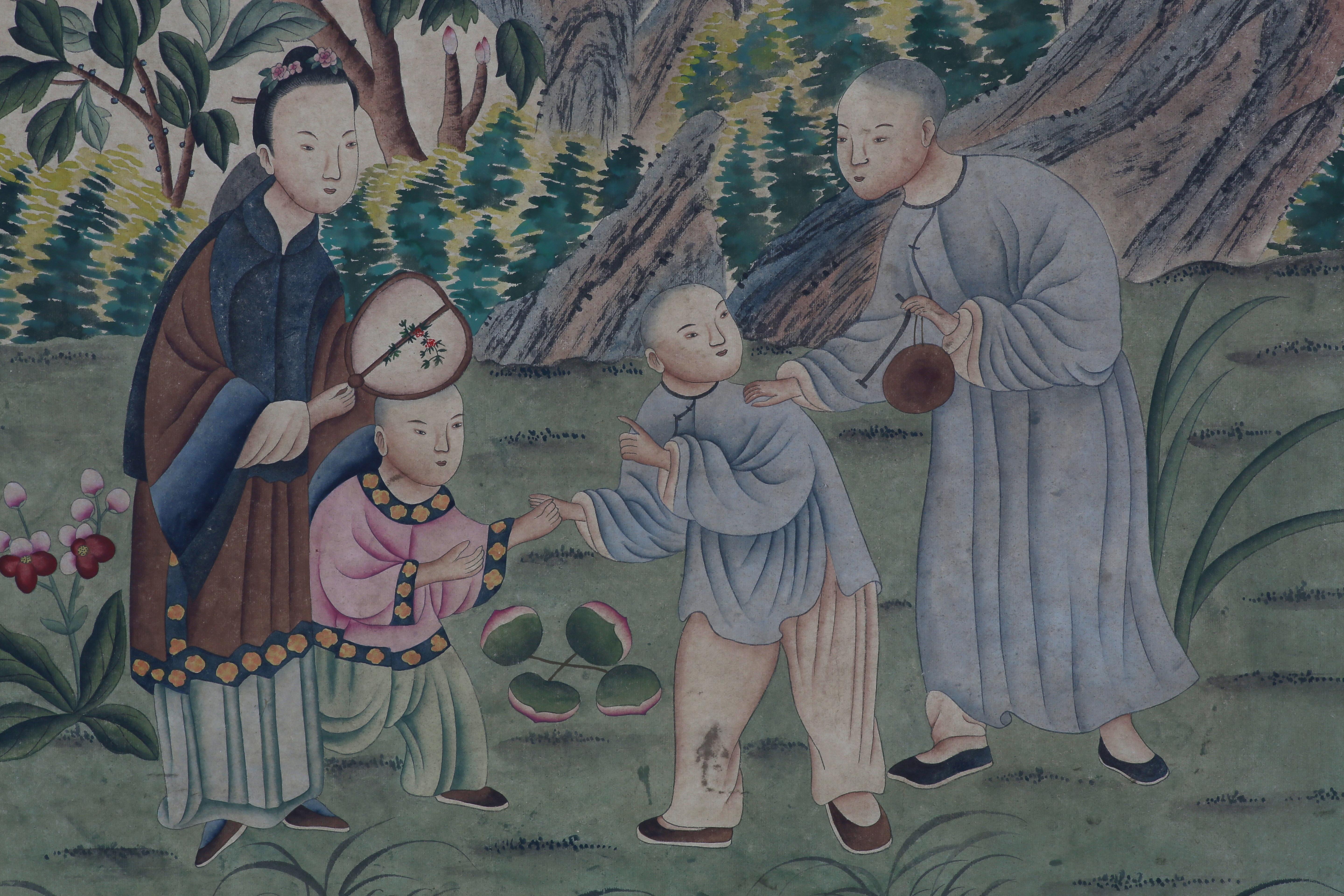 Chinese Export Chinoiserie Hand Painted Wallpaper Panels of People in Garden