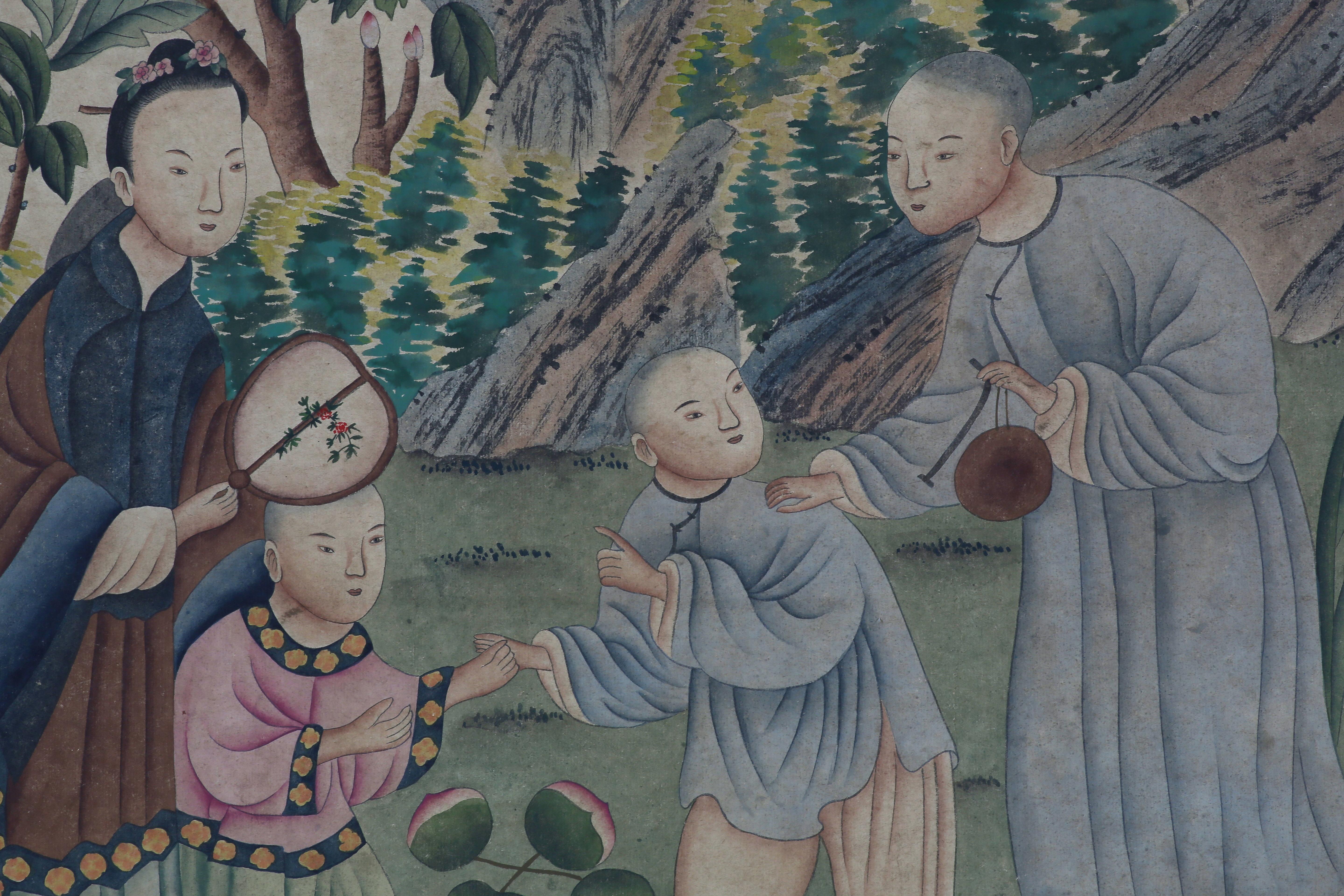 Chinese Chinoiserie Hand Painted Wallpaper Panels of People in Garden