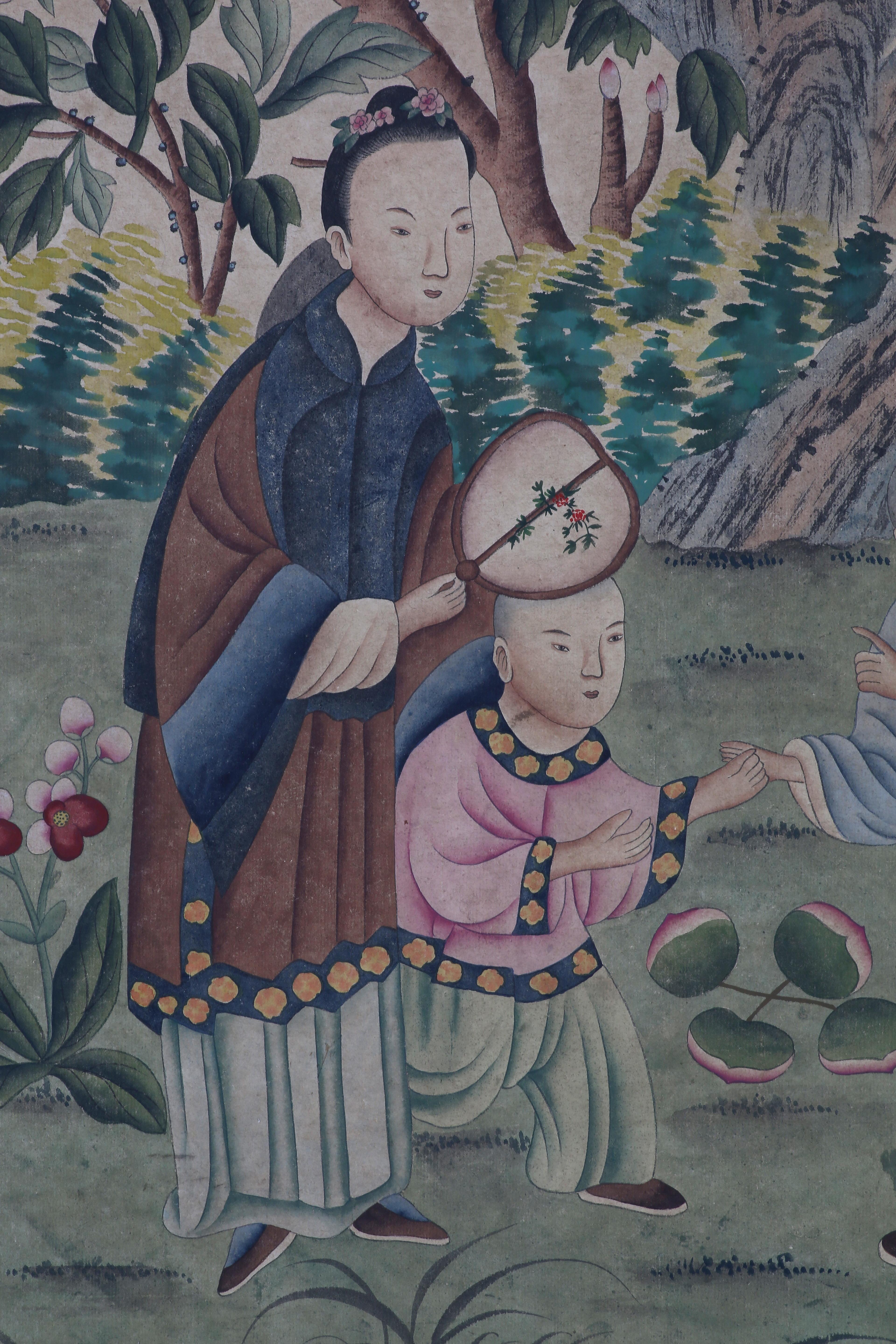 Hand-Painted Chinoiserie Hand Painted Wallpaper Panels of People in Garden