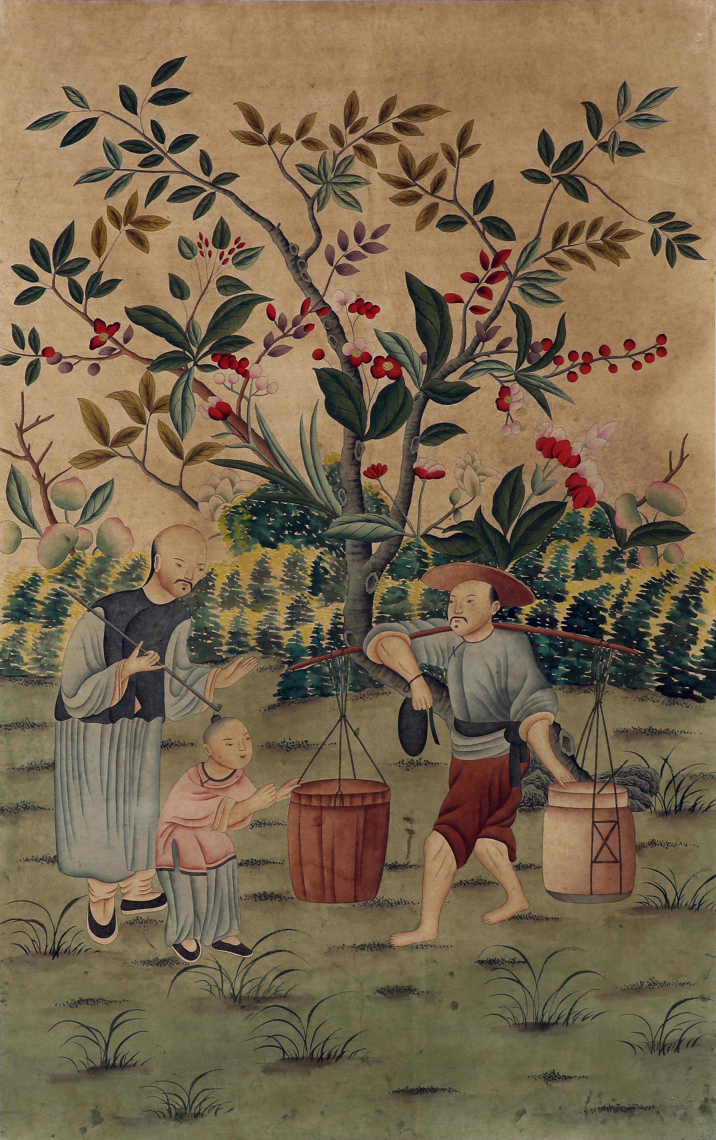 Paper Chinoiserie Hand Painted Wallpaper Panels of People in Garden